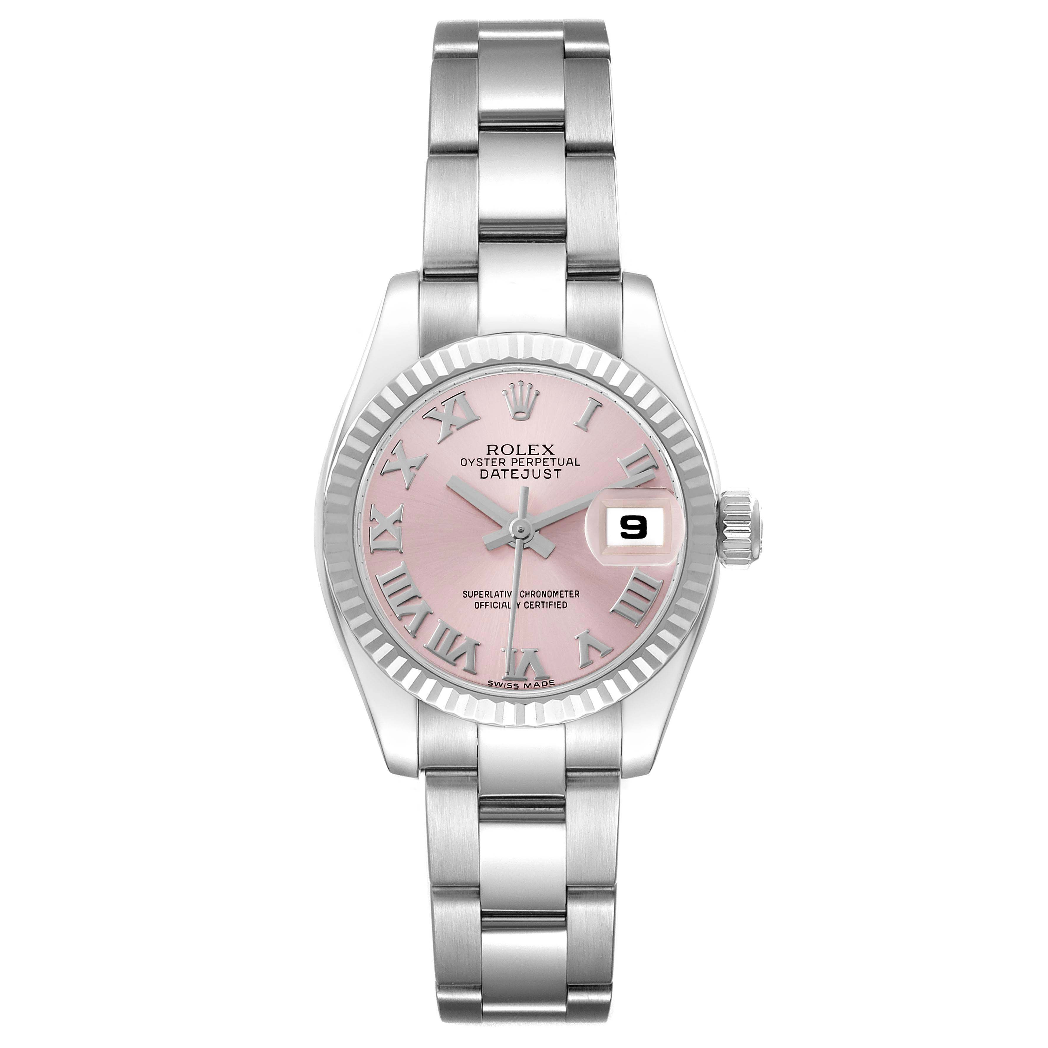 The Rolex Datejust 179174 Women's Stainless Steel Pink Dial watch is shown from the front, highlighting its pink dial, fluted bezel, and metal bracelet.