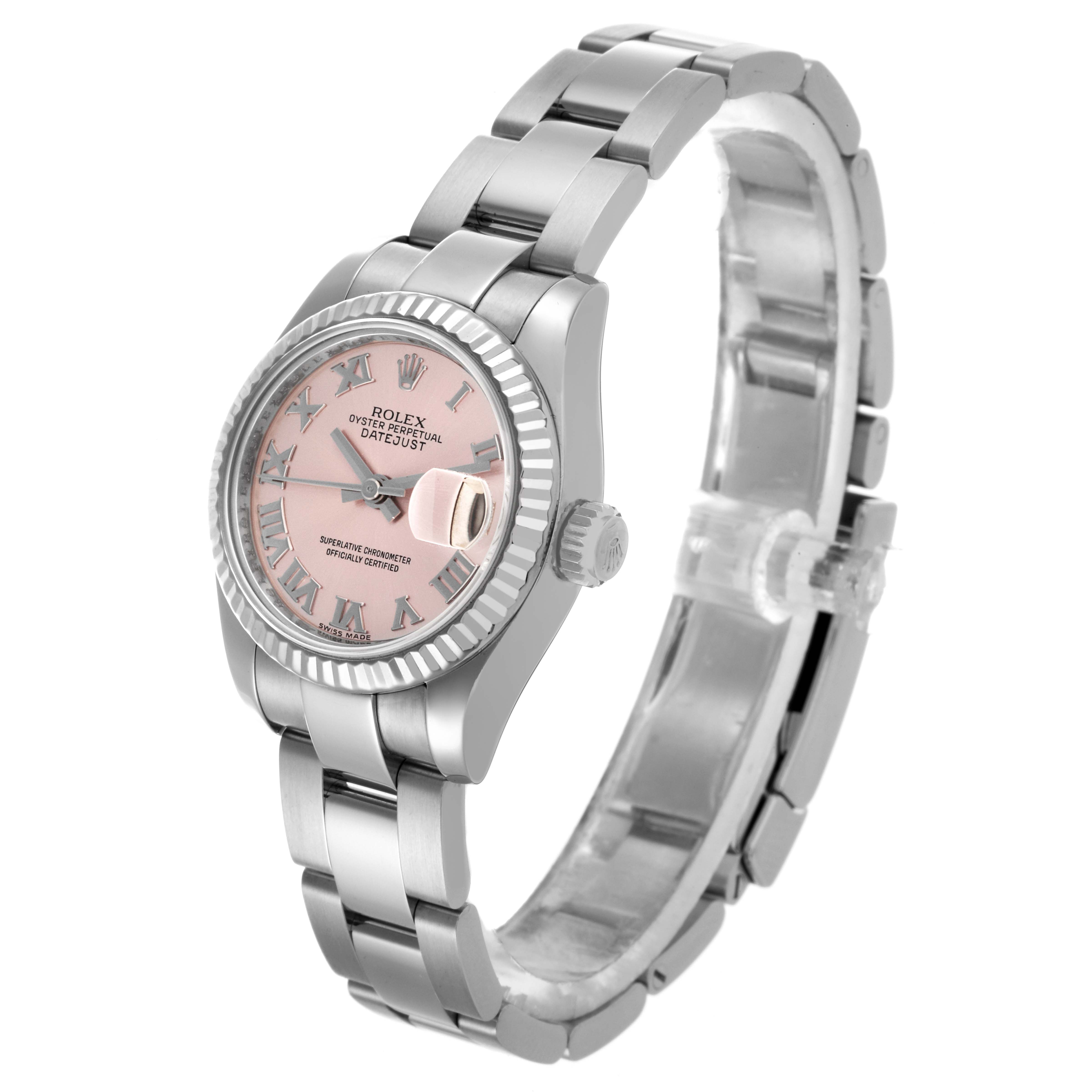 The Rolex Datejust 179174 Women's Stainless Steel Pink Dial watch is shown from a three-quarter angle, highlighting the case, bezel, dial, crown, and bracelet.
