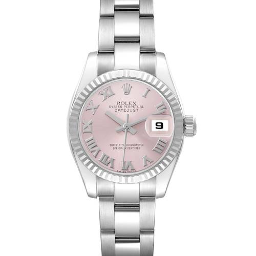 The Rolex Datejust 179174 Women's Stainless Steel Pink Dial watch is shown from a front angle, displaying the dial, bezel, and part of the bracelet.