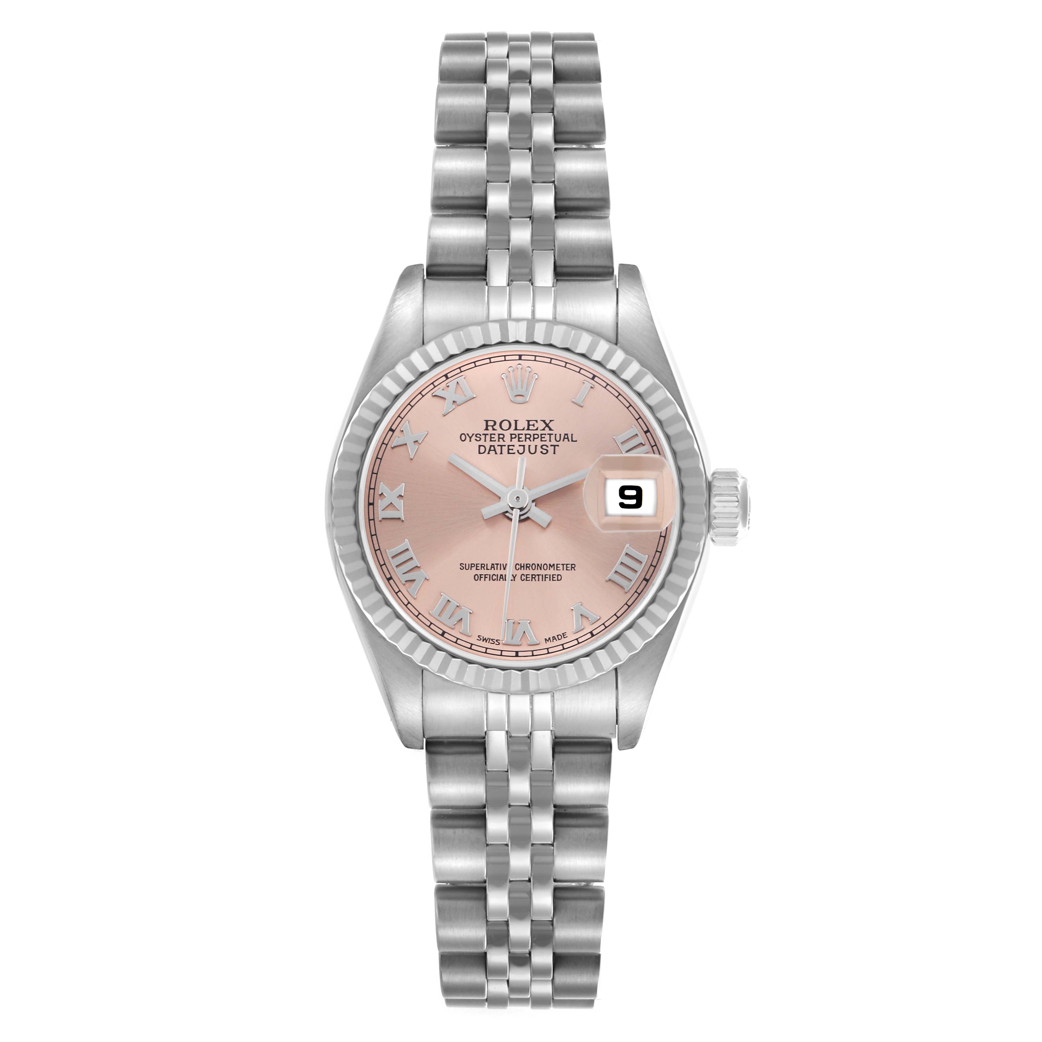The Rolex Datejust 79174 Women
s Stainless Steel Pink Dial 79174 Women
s Stainless Steel Pink Dial model is shown from a top view, displaying the bracelet, case, bezel, and dial with Roman numerals and date.