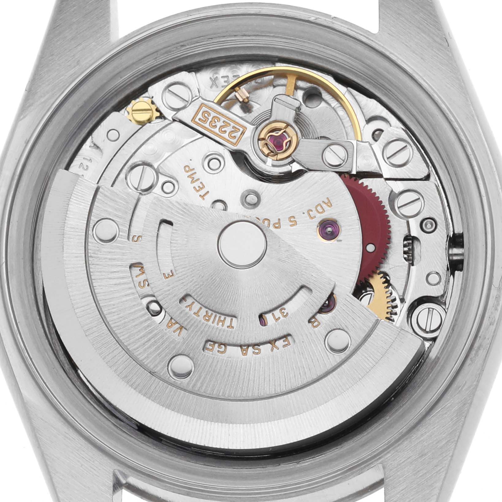 The image shows the movement and internal mechanics of a Rolex Datejust 79174 Women
s Stainless Steel Pink Dial 79174 Women
s Stainless Steel Pink Dial watch at a top-down angle.