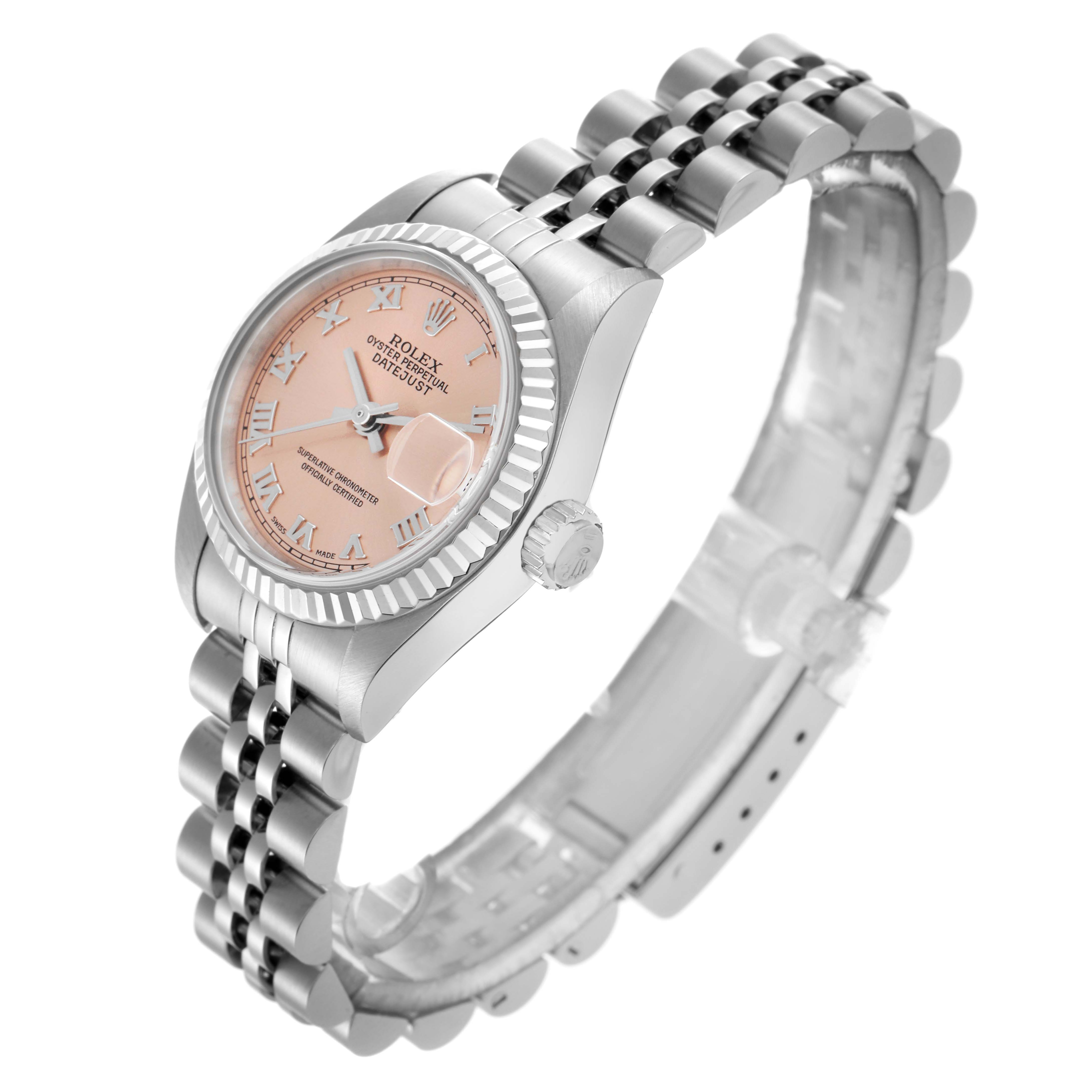 The Rolex Datejust 79174 Women
s Stainless Steel Pink Dial 79174 Women
s Stainless Steel Pink Dial is shown at an angled view, displaying the face, crown, bezel, and bracelet.
