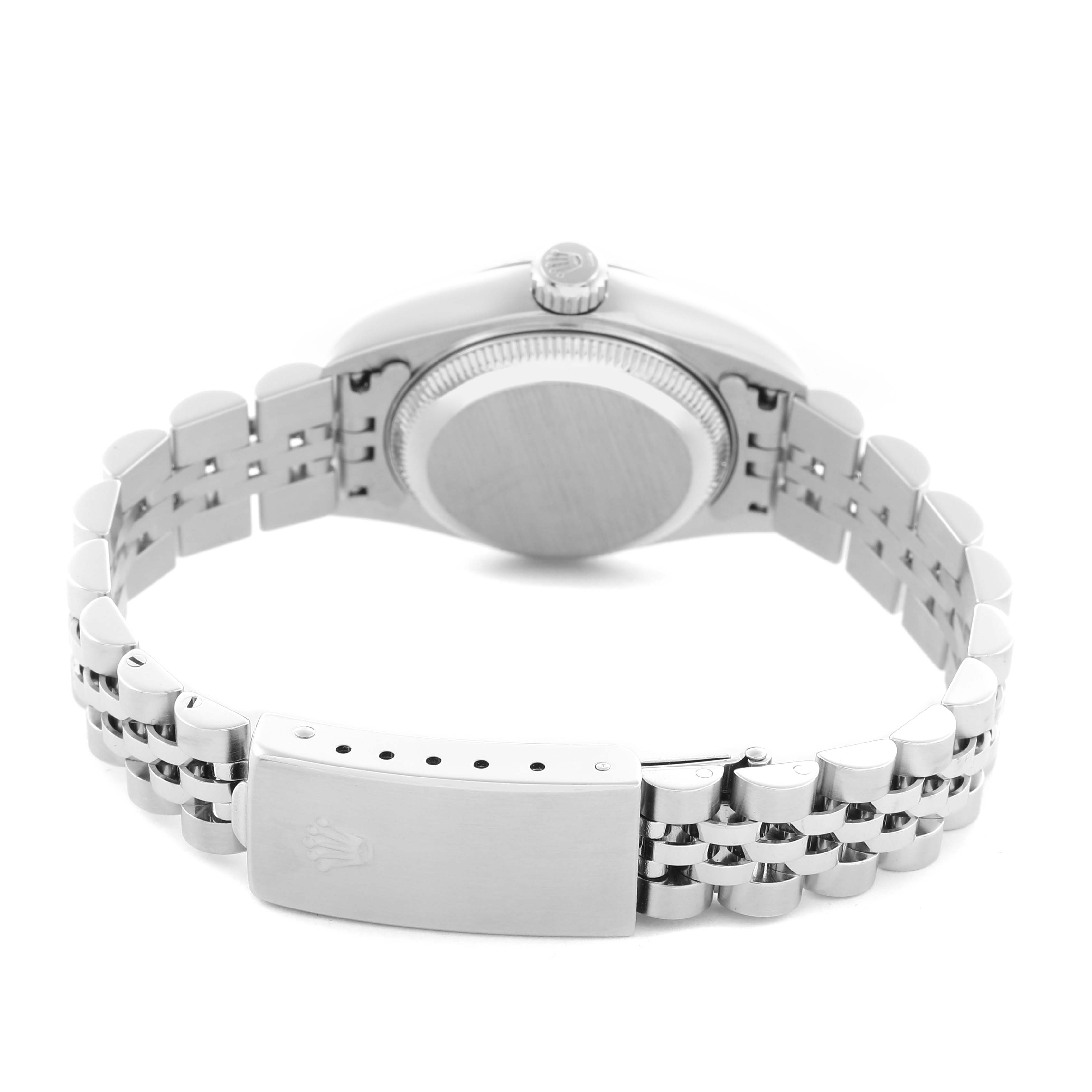 The image shows the back of a Rolex Datejust 79174 Women
s Stainless Steel Pink Dial 79174 Women
s Stainless Steel Pink Dial watch, highlighting the case back, bracelet, and clasp from a rear angle.