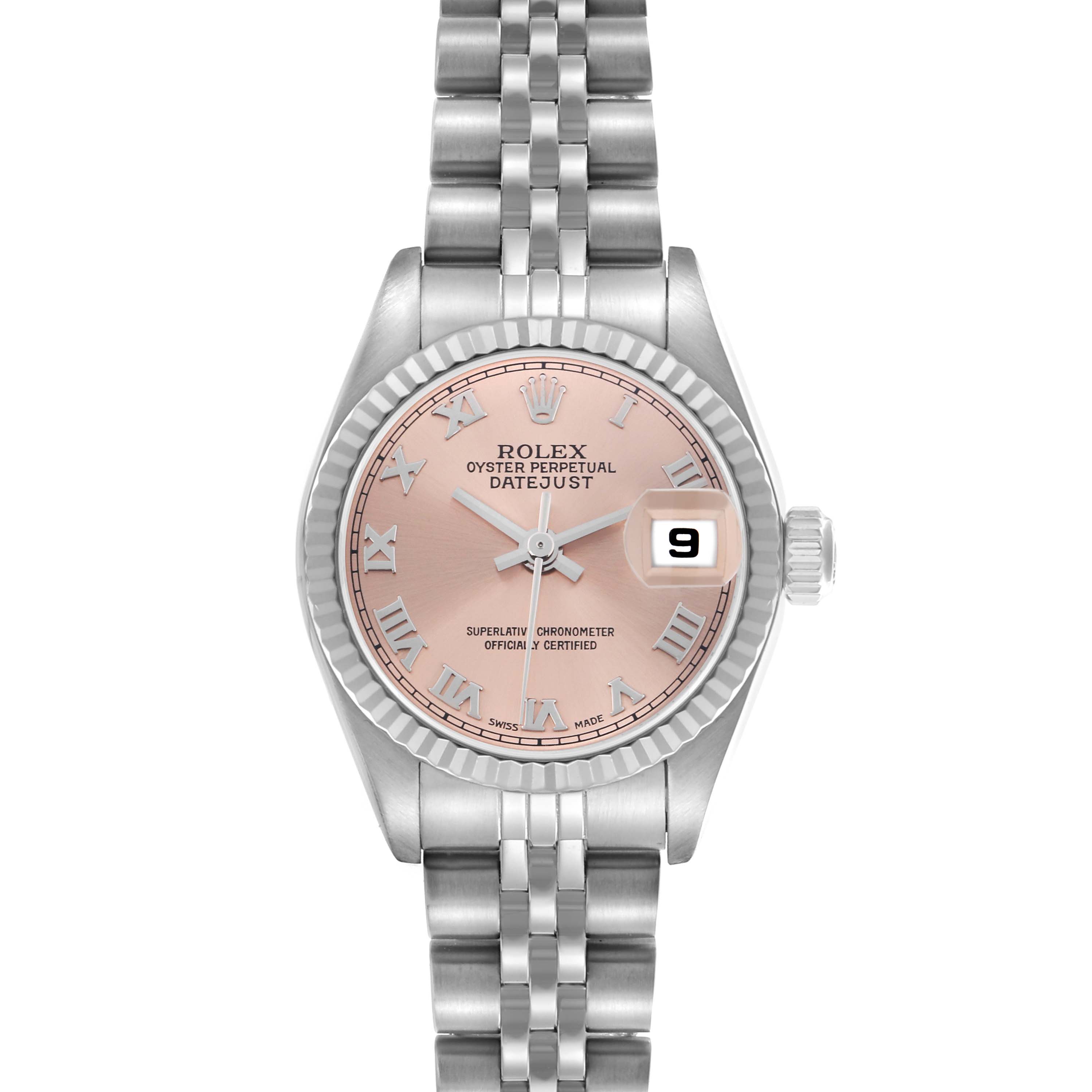 The Rolex Datejust 79174 Women
s Stainless Steel Pink Dial 79174 Women
s Stainless Steel Pink Dial watch is shown from a front angle, highlighting the dial, bracelet, and date magnification.