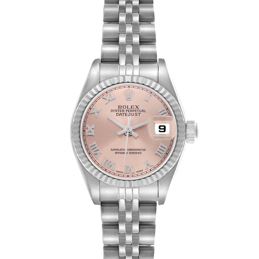 The Rolex Datejust watch is shown from a front angle, highlighting the dial, bracelet, and date magnification.