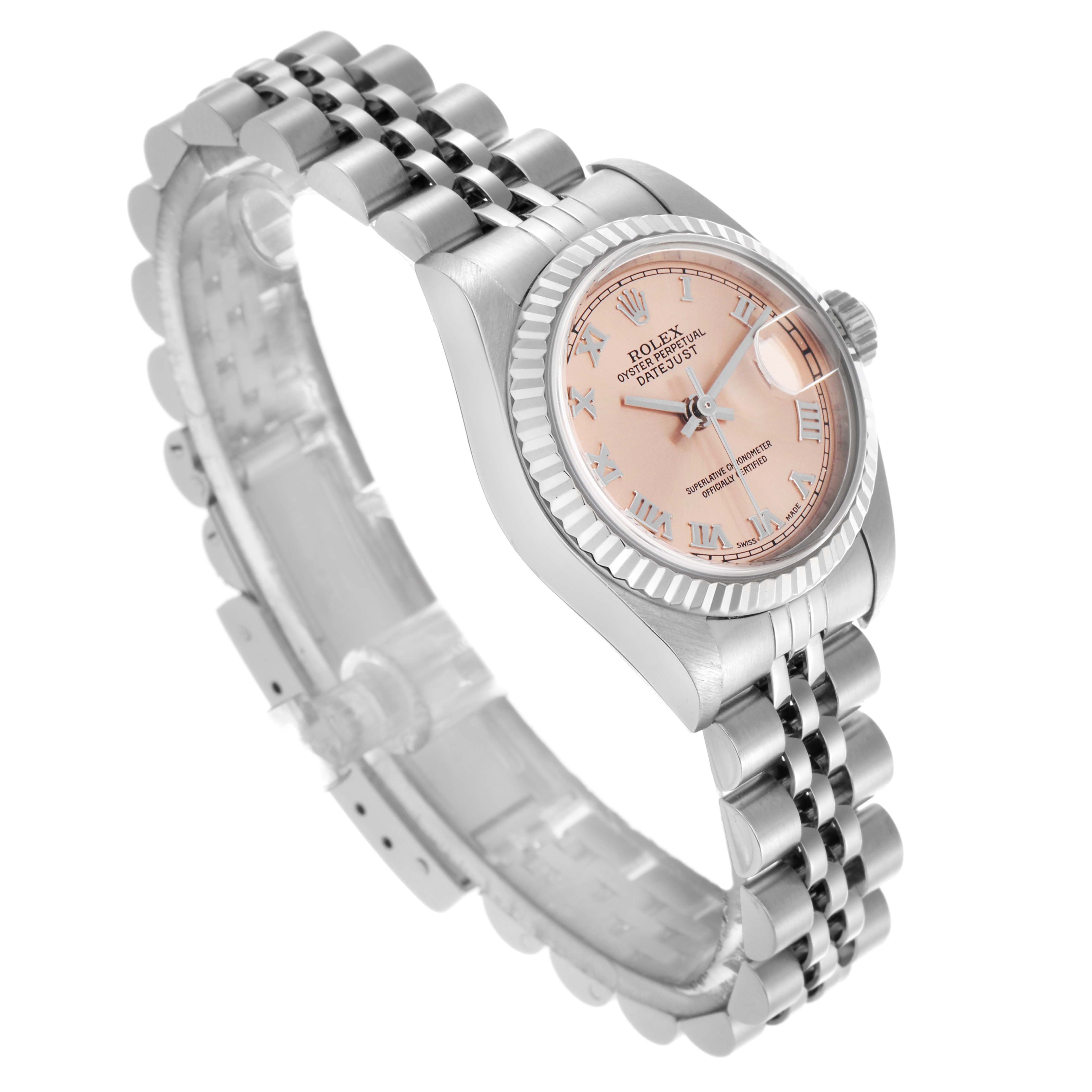 The Rolex Datejust 79174 Women
s Stainless Steel Pink Dial 79174 Women
s Stainless Steel Pink Dial watch is shown at a three-quarter angle, highlighting its dial, bezel, and bracelet.