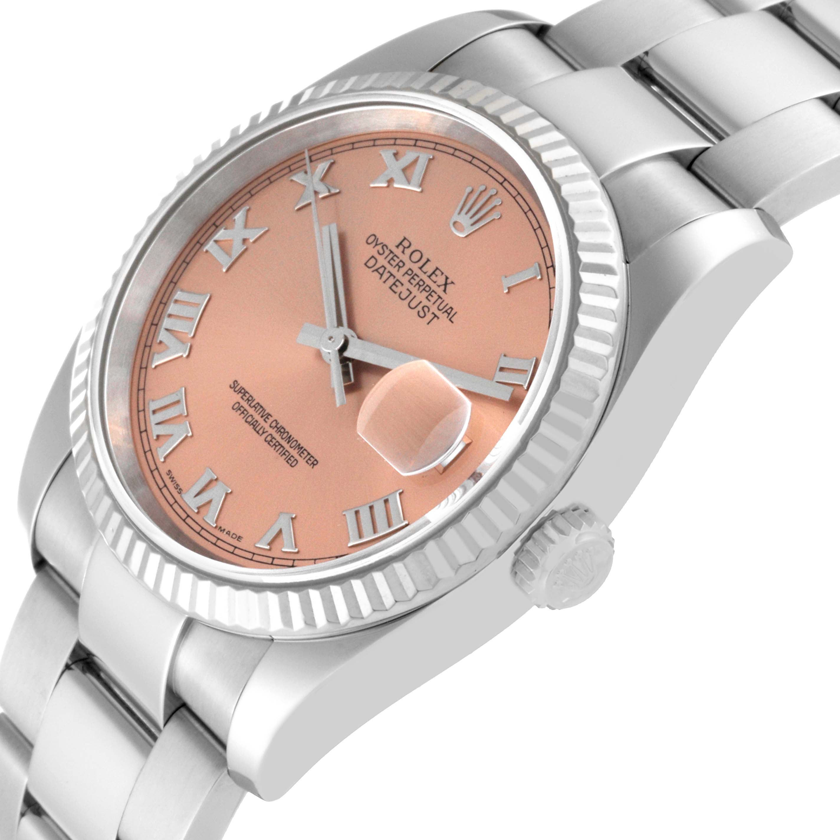 This image shows the side and partial front view of a Rolex Datejust 116234 Men's Stainless Steel Pink Dial 116234 Men's Stainless Steel Pink Dial watch, highlighting the dial, bezel, and bracelet.