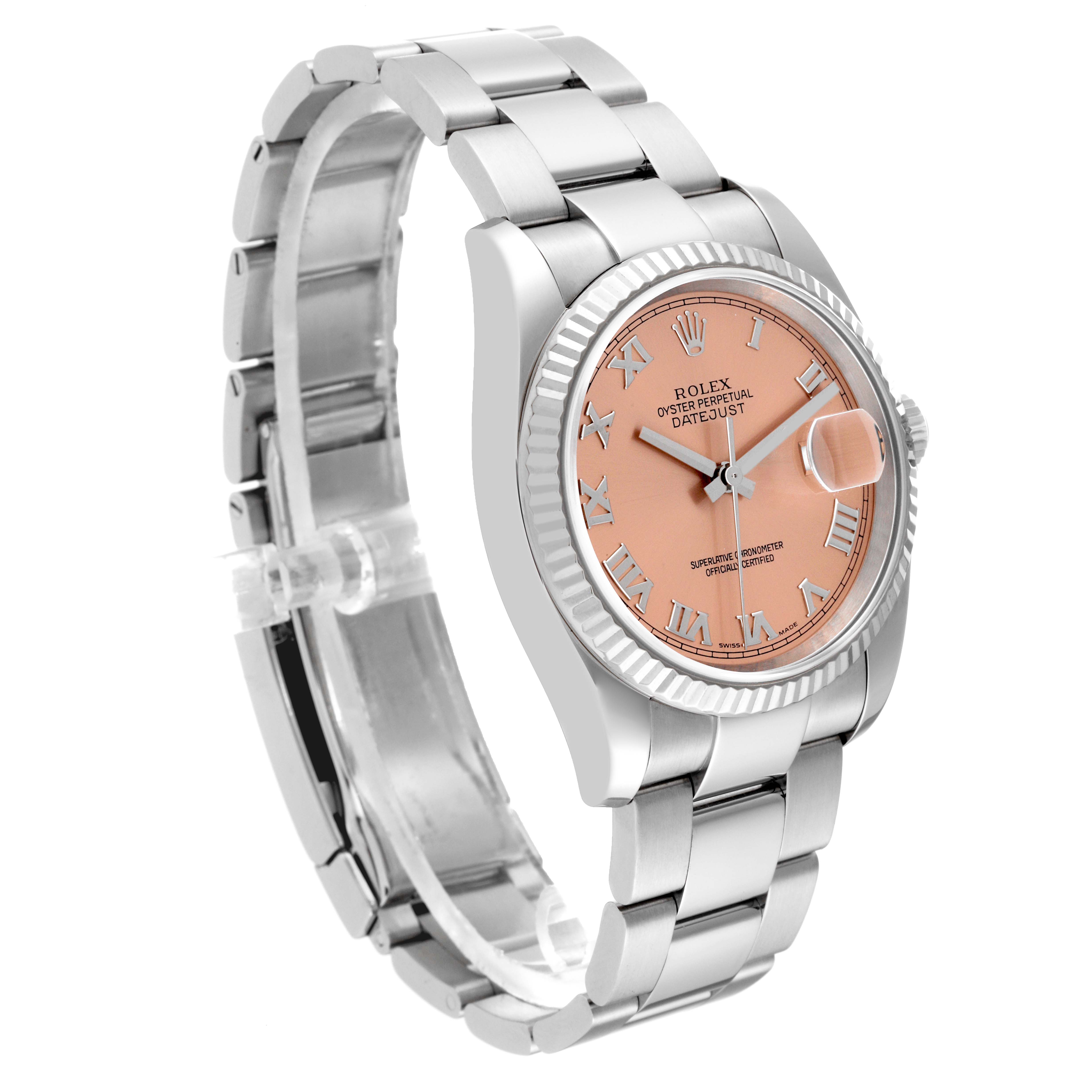 The Rolex Datejust 116234 Men's Stainless Steel Pink Dial 116234 Men's Stainless Steel Pink Dial watch is shown at a 3/4 angle displaying the dial, bracelet, fluted bezel, and Cyclops lens.