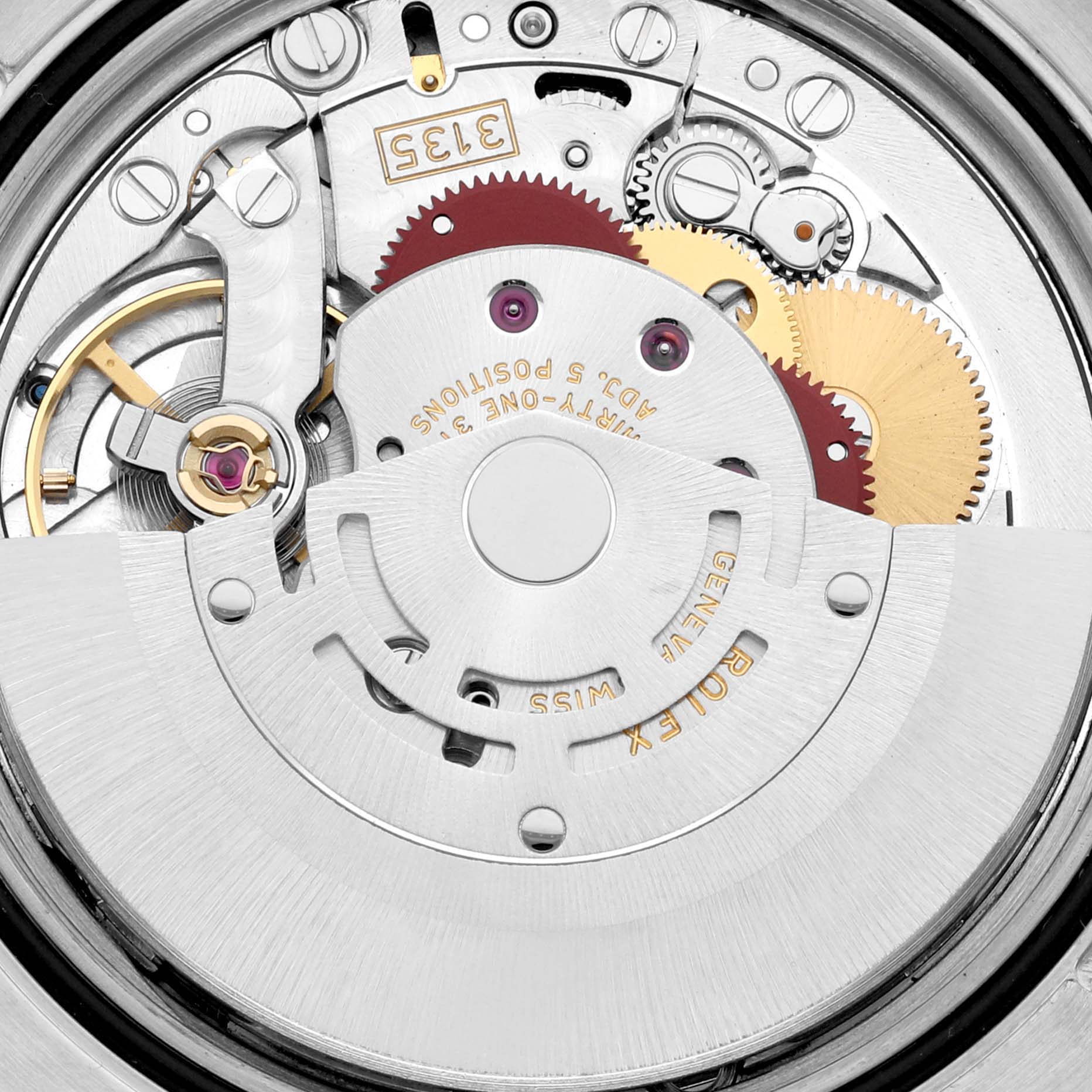 This image shows the intricate internal mechanism of a Rolex Datejust 116234 Men's Stainless Steel Pink Dial 116234 Men's Stainless Steel Pink Dial watch from a top-down angle.