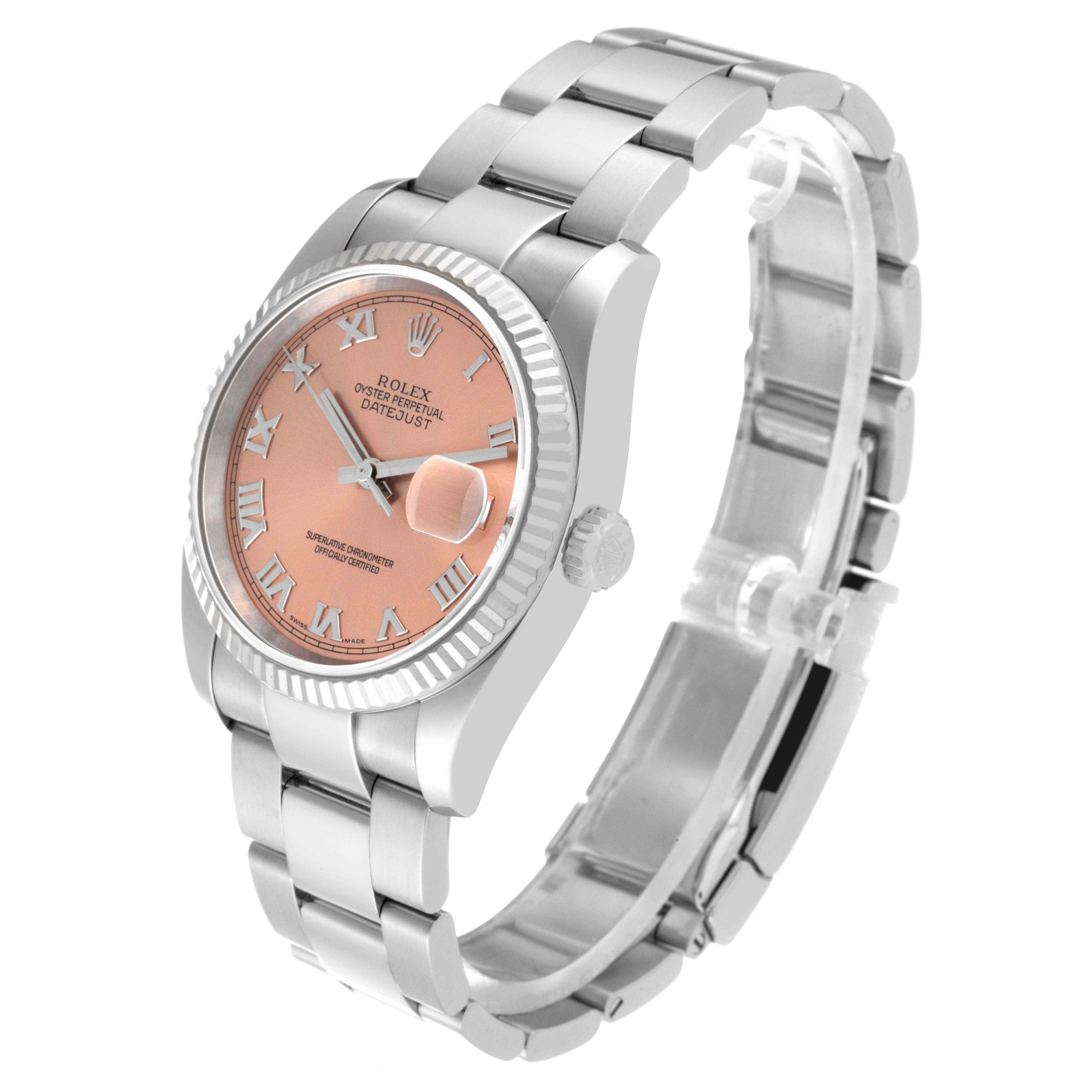 The image shows a Rolex Datejust 116234 Men's Stainless Steel Pink Dial 116234 Men's Stainless Steel Pink Dial watch at a slight angle, highlighting the face, bracelet, fluted bezel, and crown.