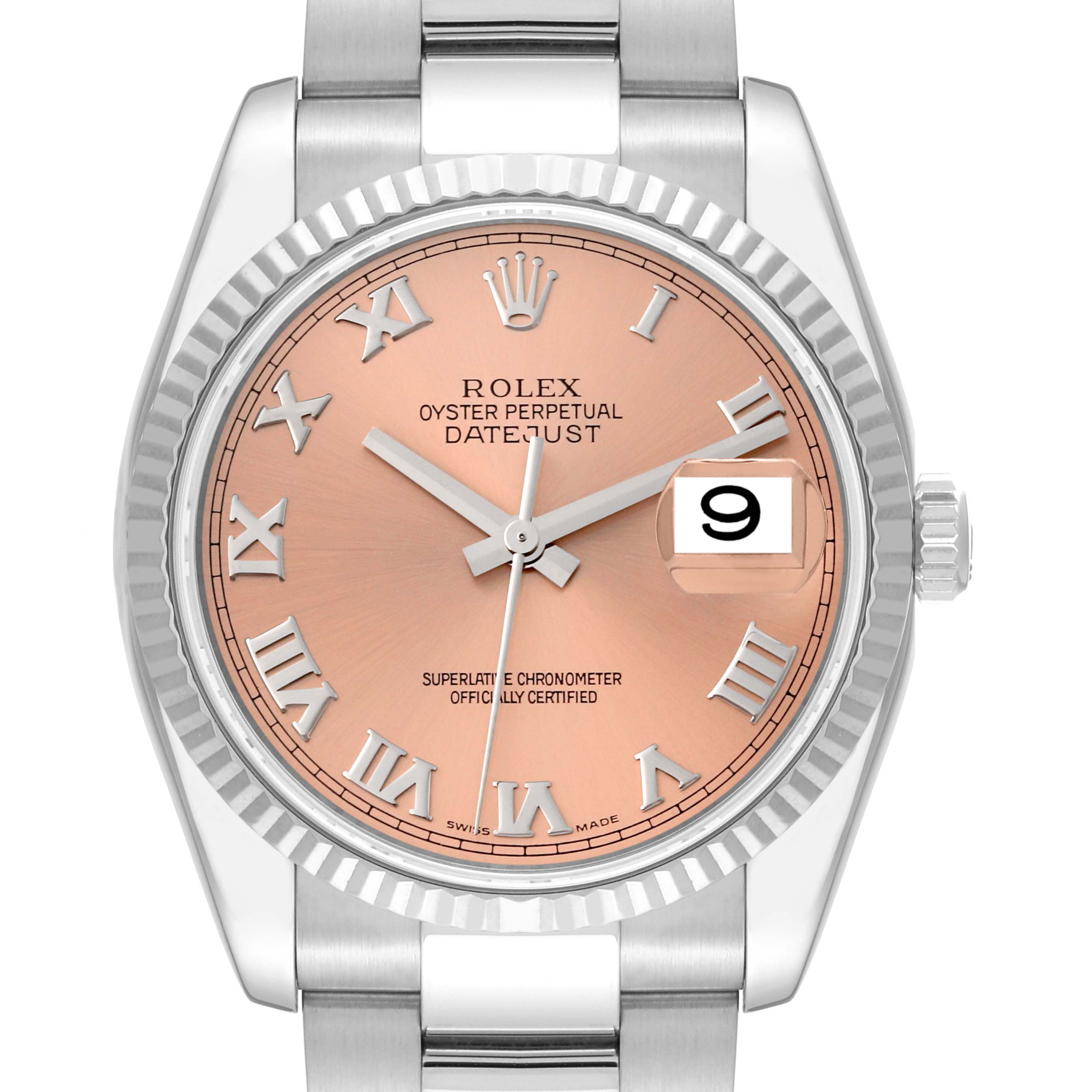 The image shows a frontal view of a Rolex Datejust 116234 Men's Stainless Steel Pink Dial 116234 Men's Stainless Steel Pink Dial watch, highlighting its dial, hands, bezel, and bracelet.