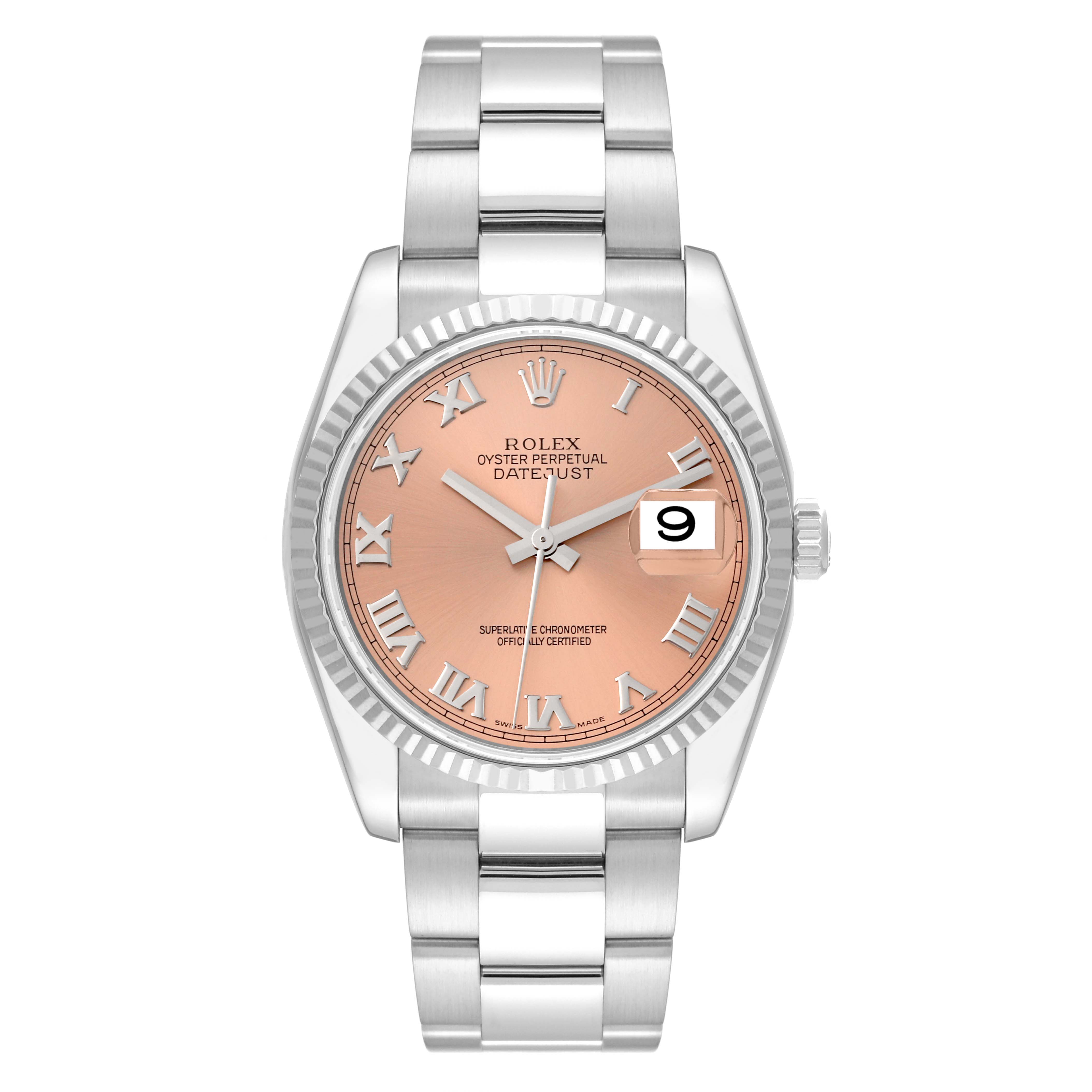 The image shows a front view of a Rolex Datejust 116234 Men's Stainless Steel Pink Dial 116234 Men's Stainless Steel Pink Dial watch with a pink dial and a stainless steel bracelet.