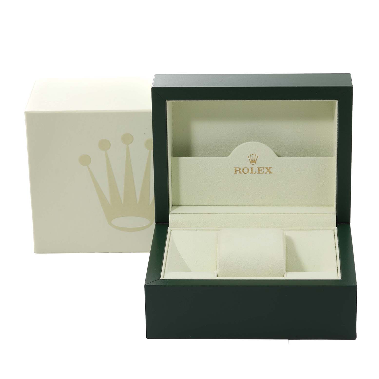 A Rolex Datejust 116234 Men's Stainless Steel Pink Dial 116234 Men's Stainless Steel Pink Dial watch box is shown with its cover open, revealing its interior compartments and Rolex branding.