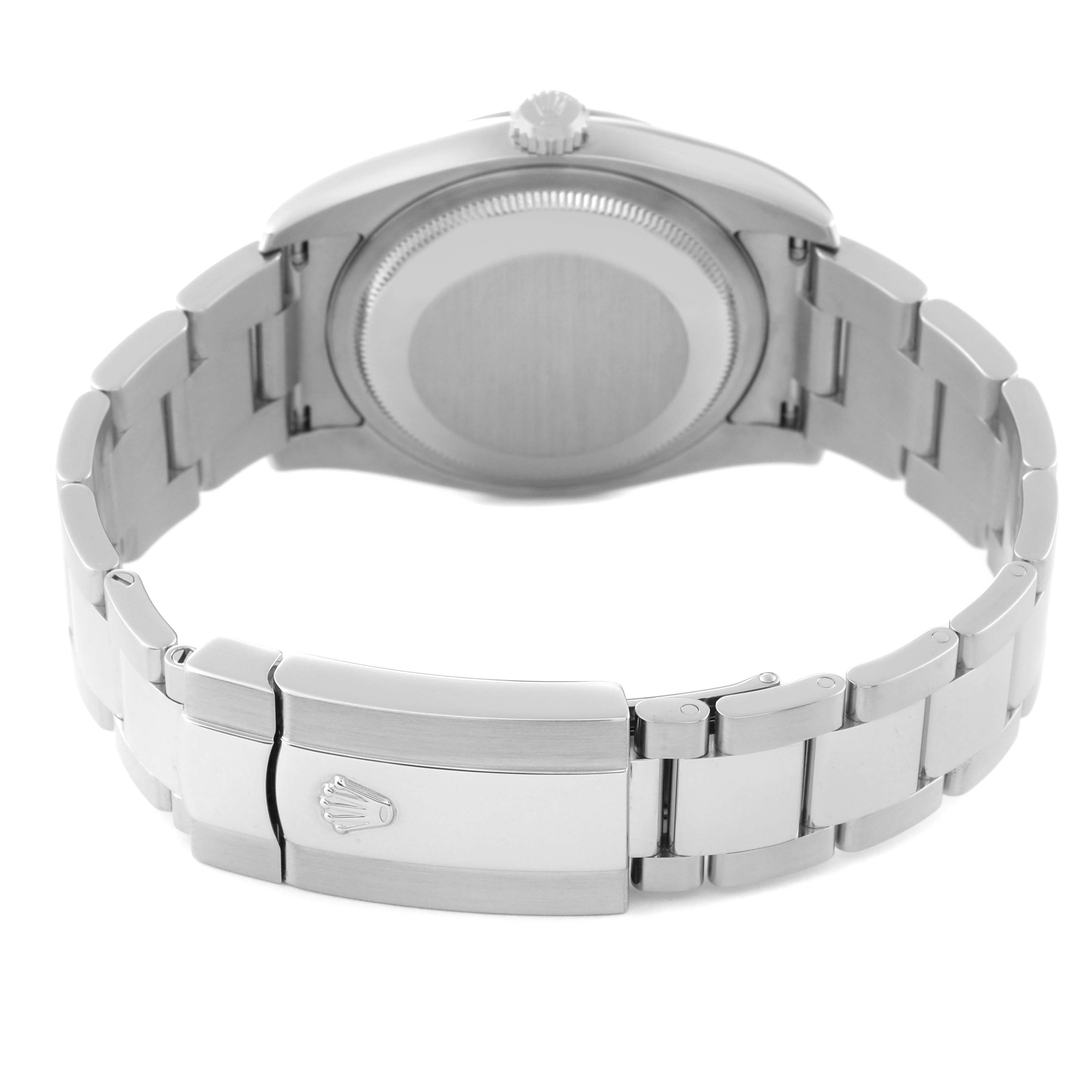 The image shows the back and clasp of a Rolex Datejust 116234 Men's Stainless Steel Pink Dial 116234 Men's Stainless Steel Pink Dial watch, highlighting the bracelet and the case back.