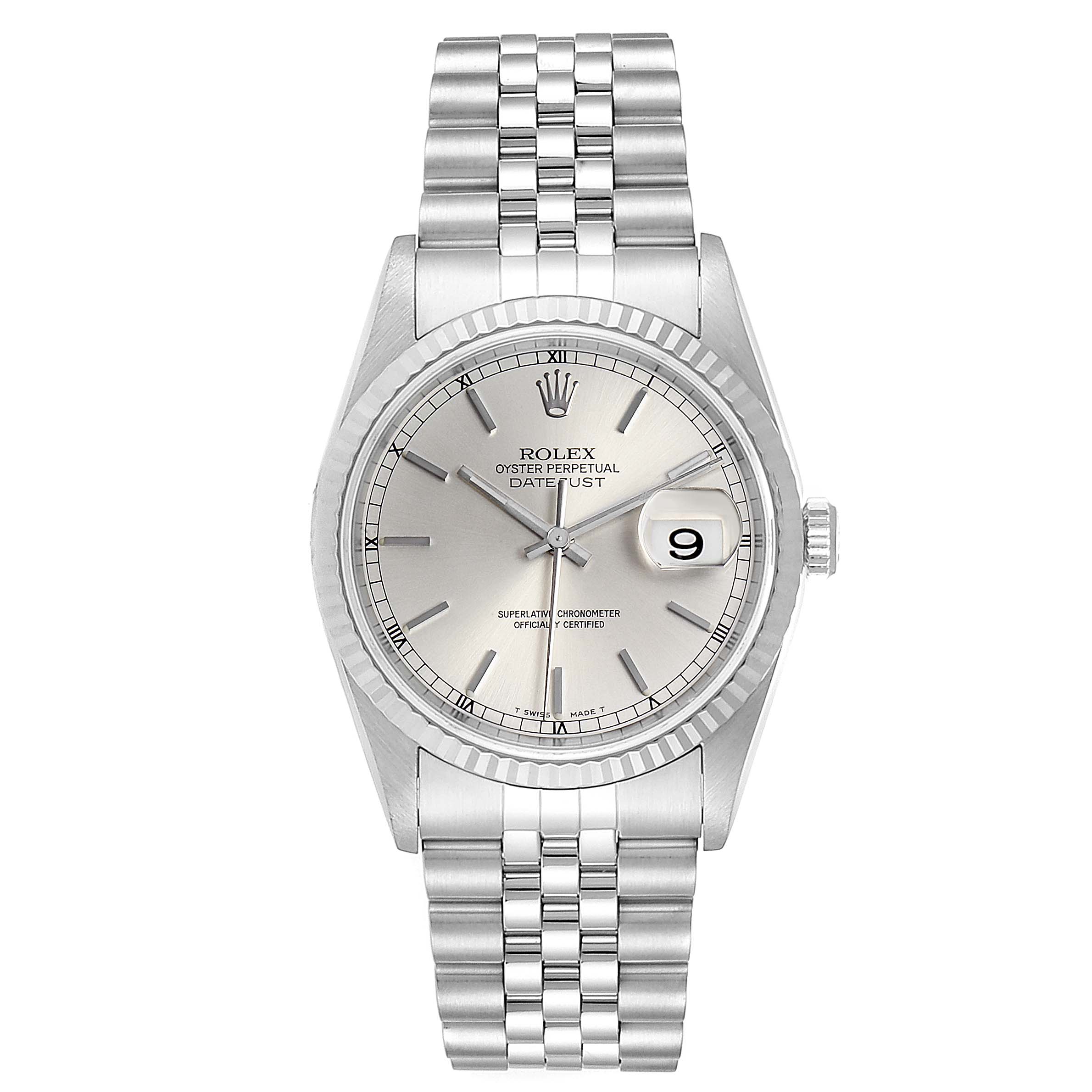 The image shows a front view of a Rolex Datejust 16234 Men
s White Gold Silver Dial 16234 Men
s White Gold Silver Dial watch, highlighting its dial, hands, date display, bezel, and bracelet.