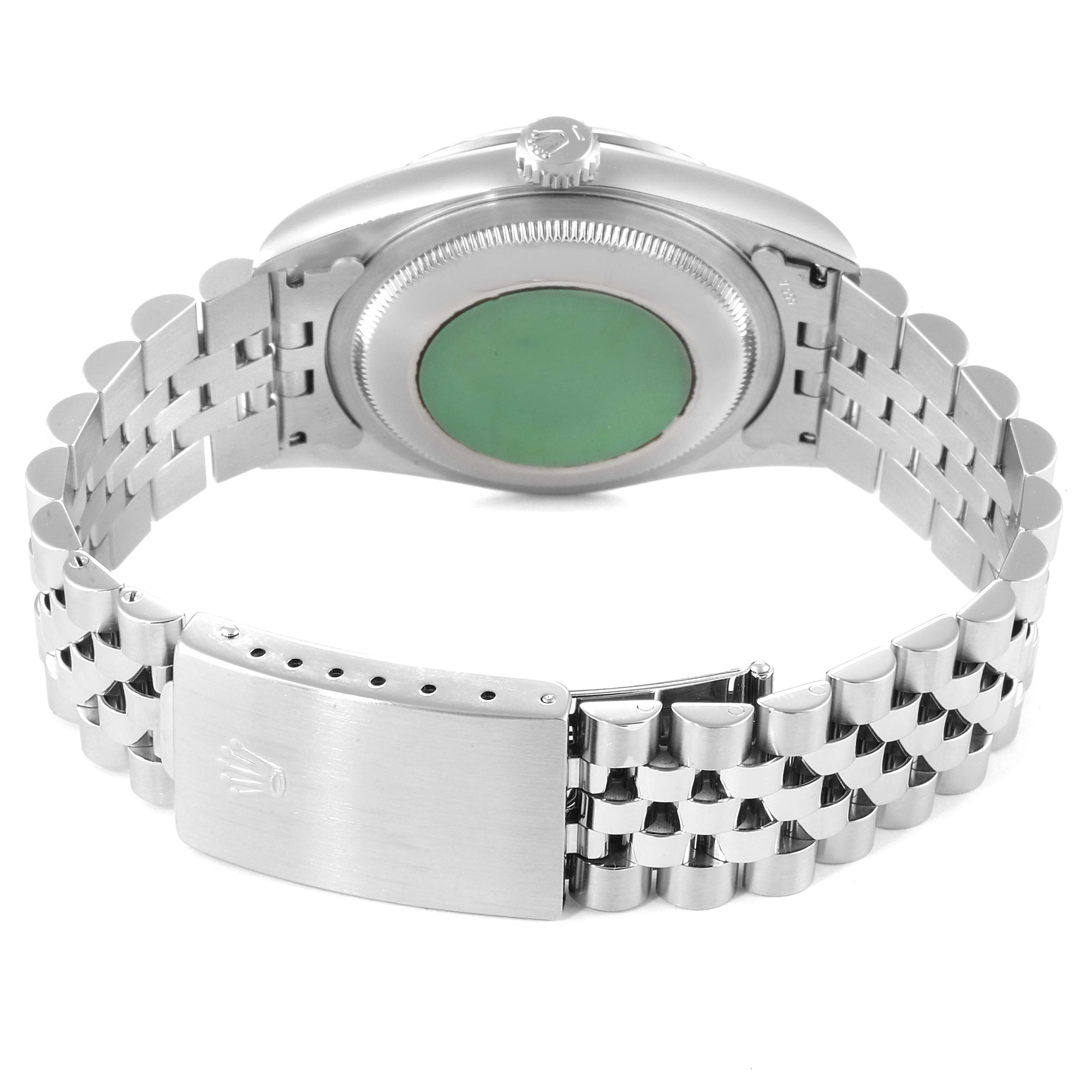 This image shows the back case, crown, and bracelet of the Rolex Datejust 16234 Men
s White Gold Silver Dial 16234 Men
s White Gold Silver Dial watch.