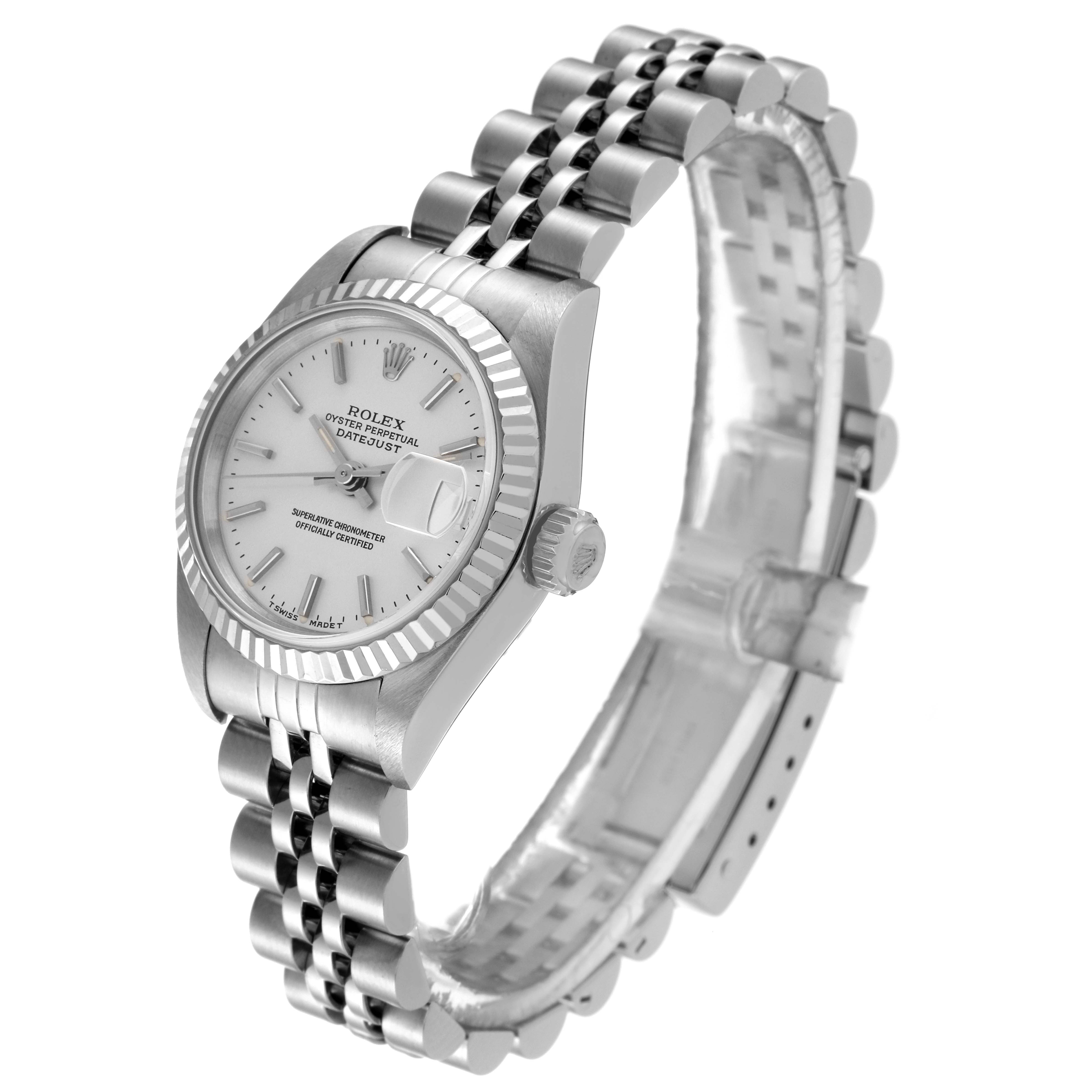 The image shows a side angle of a Rolex Datejust 69174 Women's Stainless Steel Silver Dial 69174 Women's Stainless Steel Silver Dial watch, highlighting the face, crown, and bracelet.
