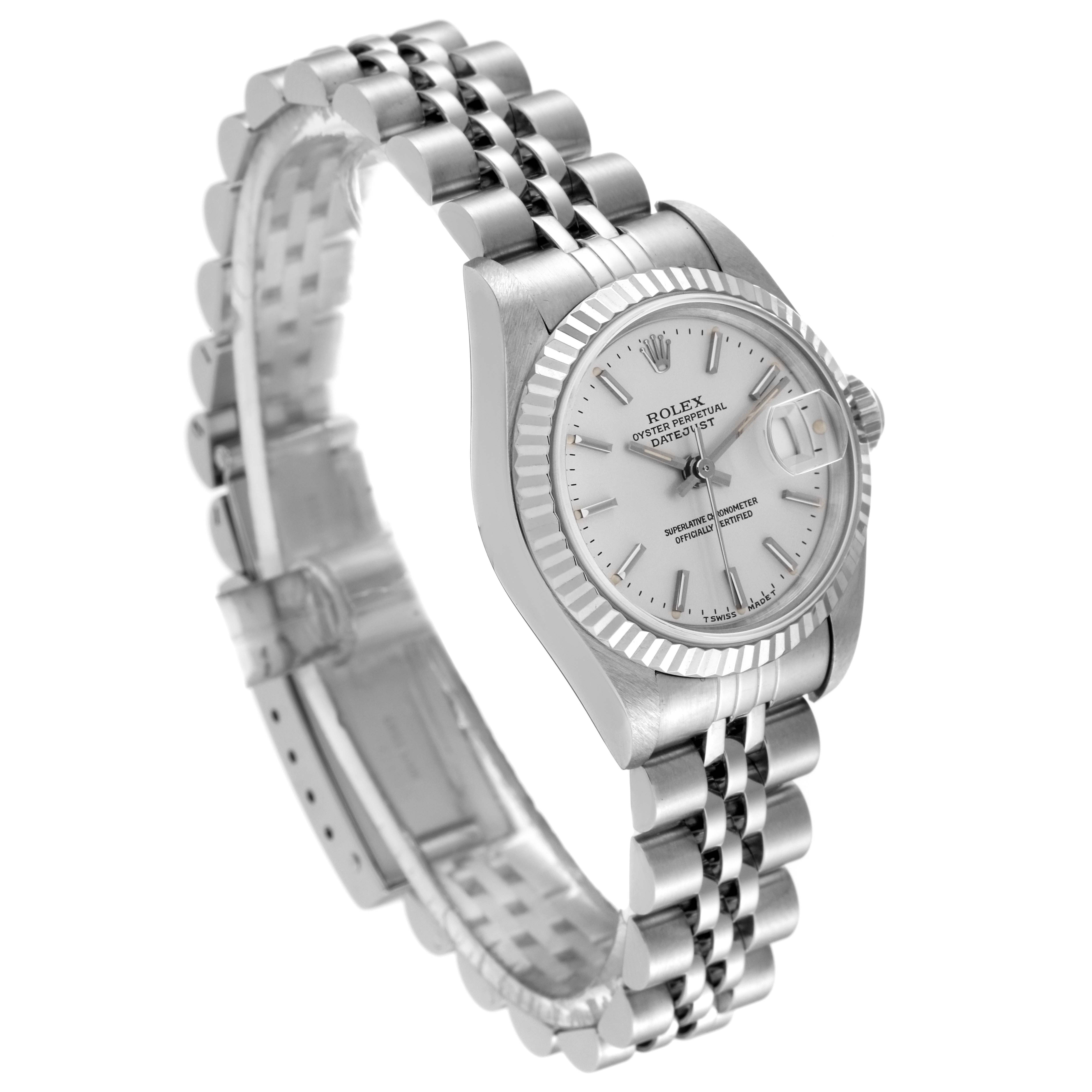 This image shows a Rolex Datejust 69174 Women's Stainless Steel Silver Dial 69174 Women's Stainless Steel Silver Dial watch from a side angle, displaying the face, bracelet, and crown.