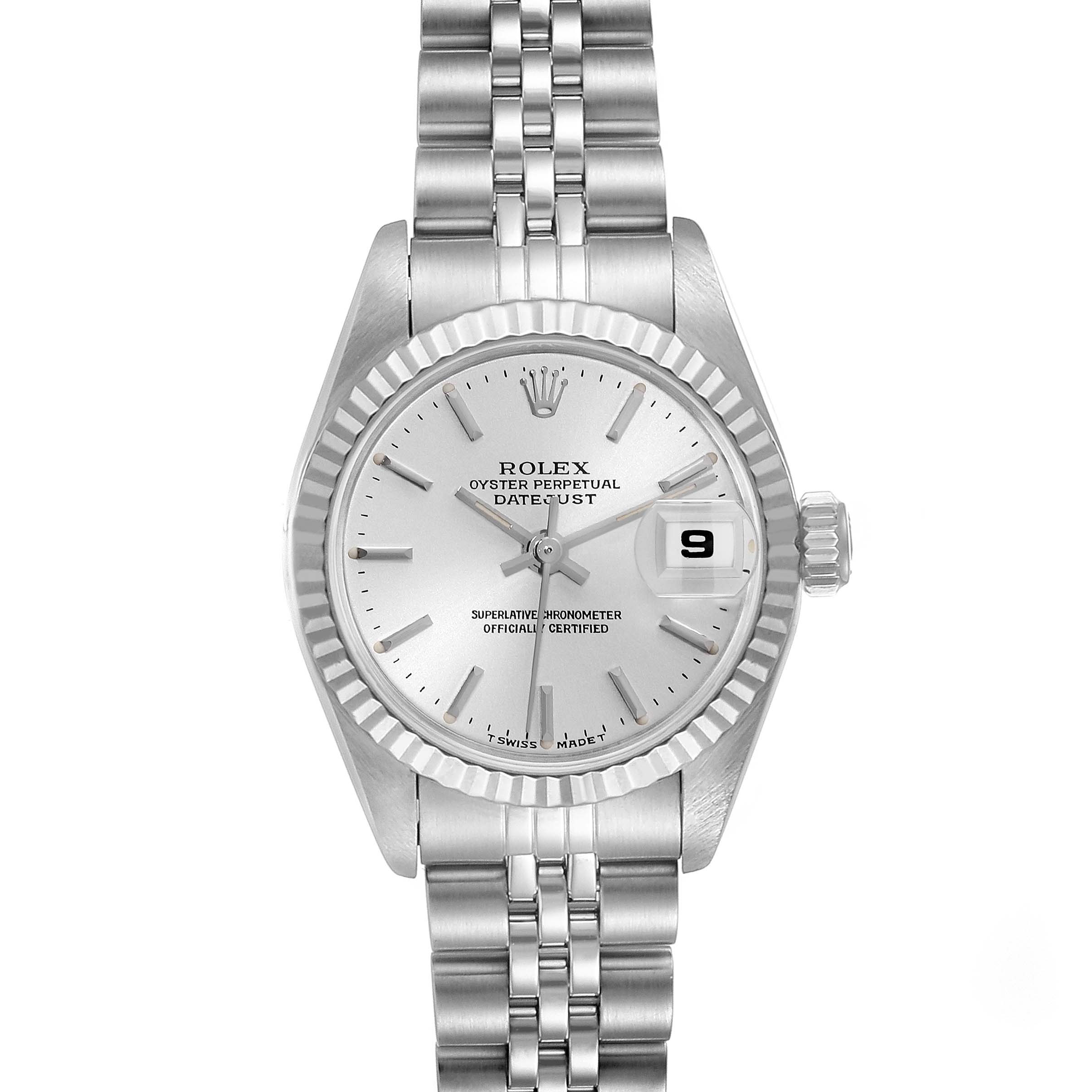 This image shows a front view of a Rolex Datejust 69174 Women's Stainless Steel Silver Dial 69174 Women's Stainless Steel Silver Dial watch, showcasing its dial, bezel, and bracelet.