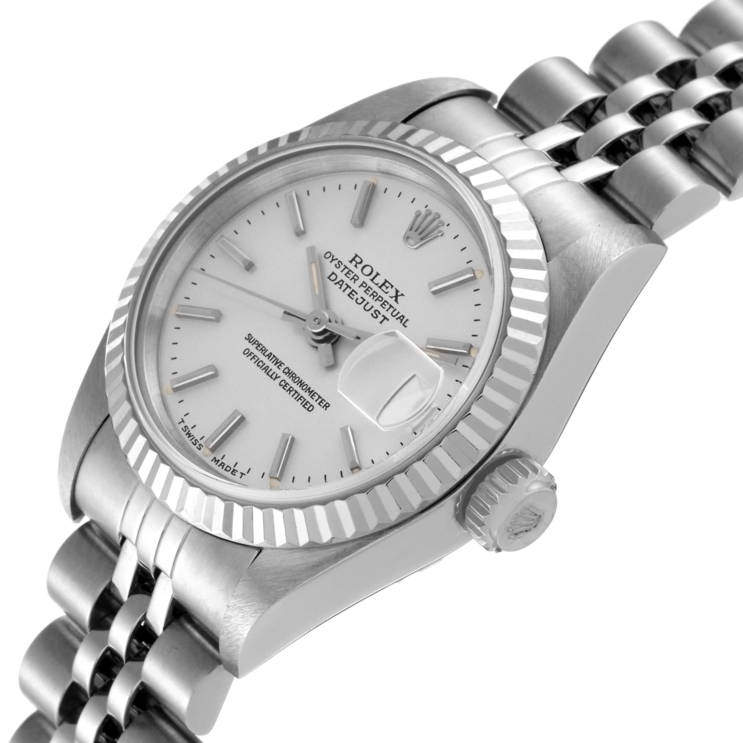 The image shows a Rolex Datejust 69174 Women's Stainless Steel Silver Dial 69174 Women's Stainless Steel Silver Dial watch at a diagonal angle highlighting the dial, bezel, crown, and part of the bracelet.
