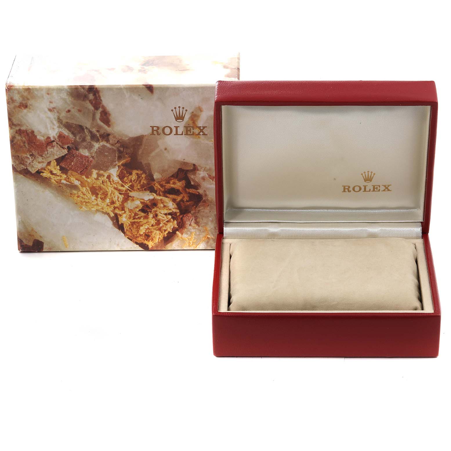 The image shows an empty Rolex Datejust 69174 Women's Stainless Steel Silver Dial 69174 Women's Stainless Steel Silver Dial watch box and its protective outer box with branded logos visible.