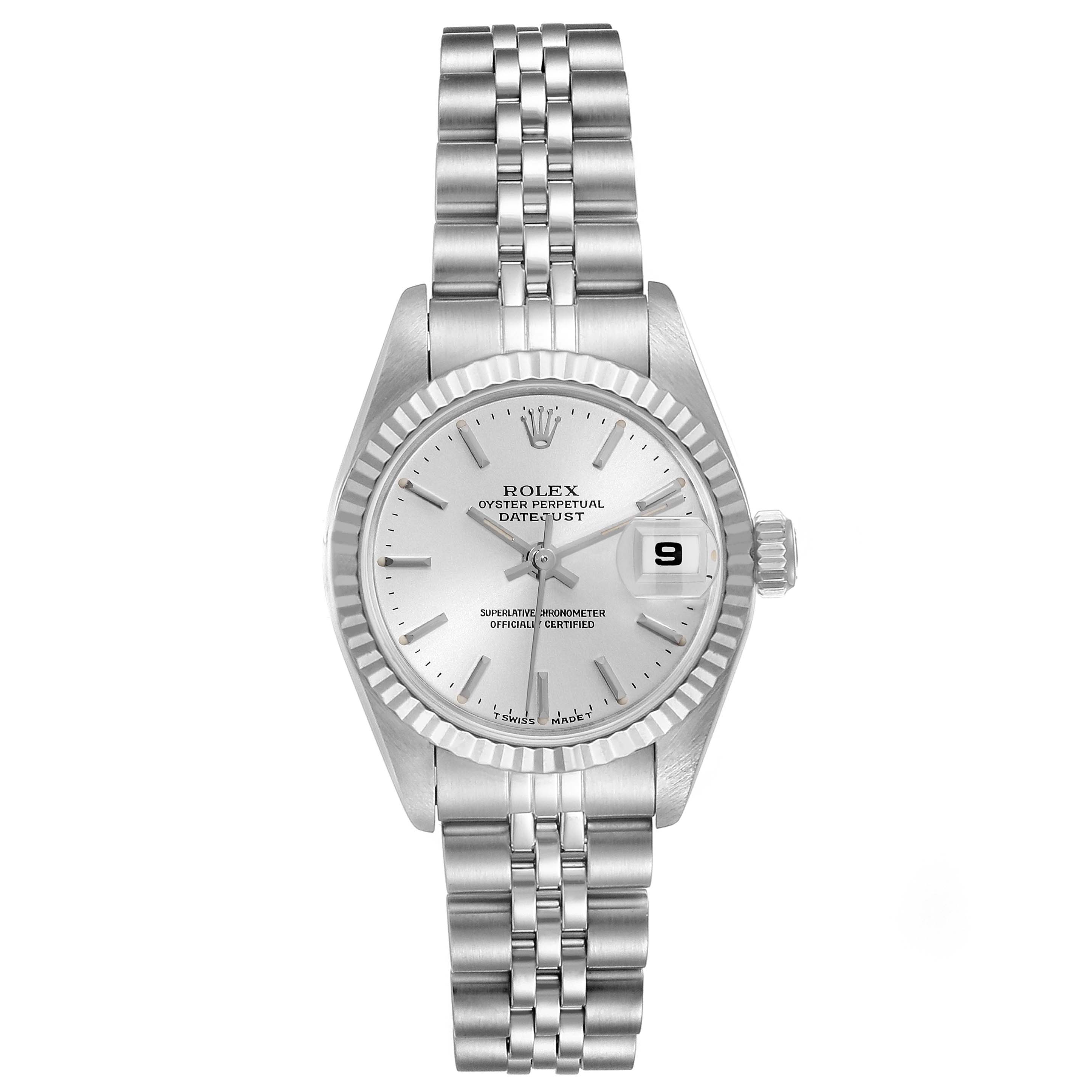 The image shows a frontal view of a Rolex Datejust 69174 Women's Stainless Steel Silver Dial 69174 Women's Stainless Steel Silver Dial watch, displaying the dial, hands, date, crown, and band.