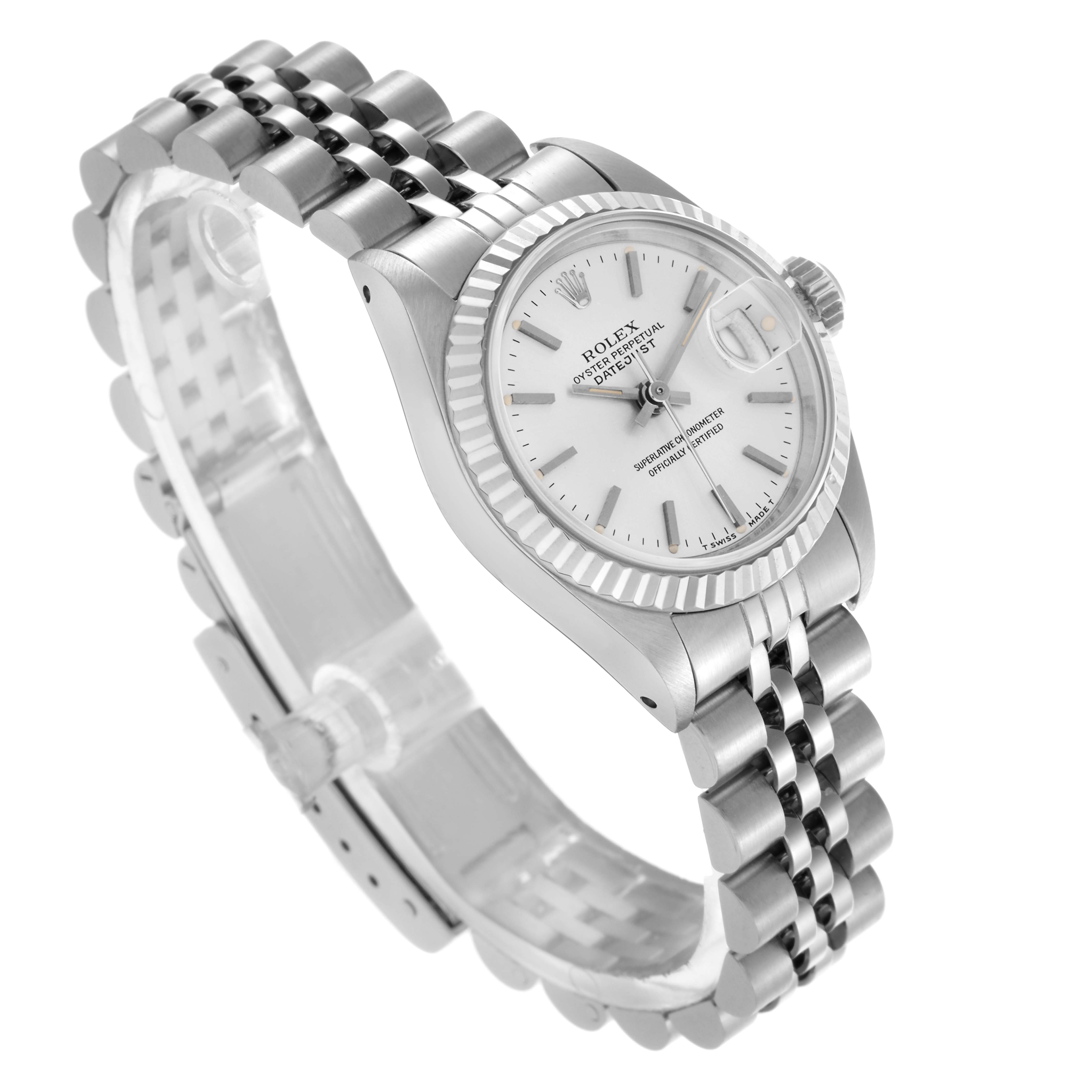 The Rolex Datejust 69174 Women
s Stainless Steel Silver Dial 69174 Women
s Stainless Steel Silver Dial watch is shown at an angled view displaying the face, bezel, crown, and Jubilee bracelet.