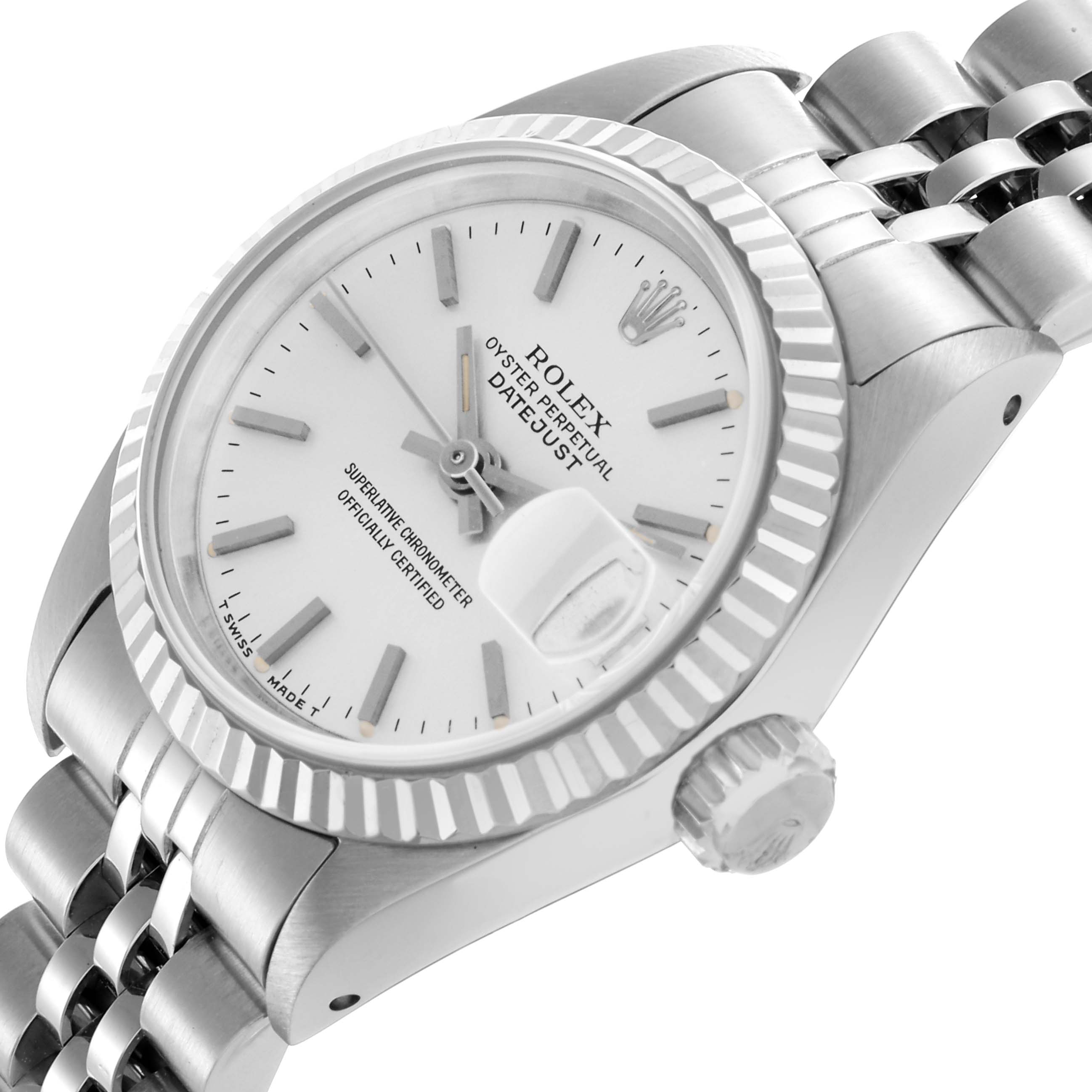 The Rolex Datejust 69174 Women
s Stainless Steel Silver Dial 69174 Women
s Stainless Steel Silver Dial is shown at a slight angle, highlighting the dial, bezel, crown, and part of the bracelet.