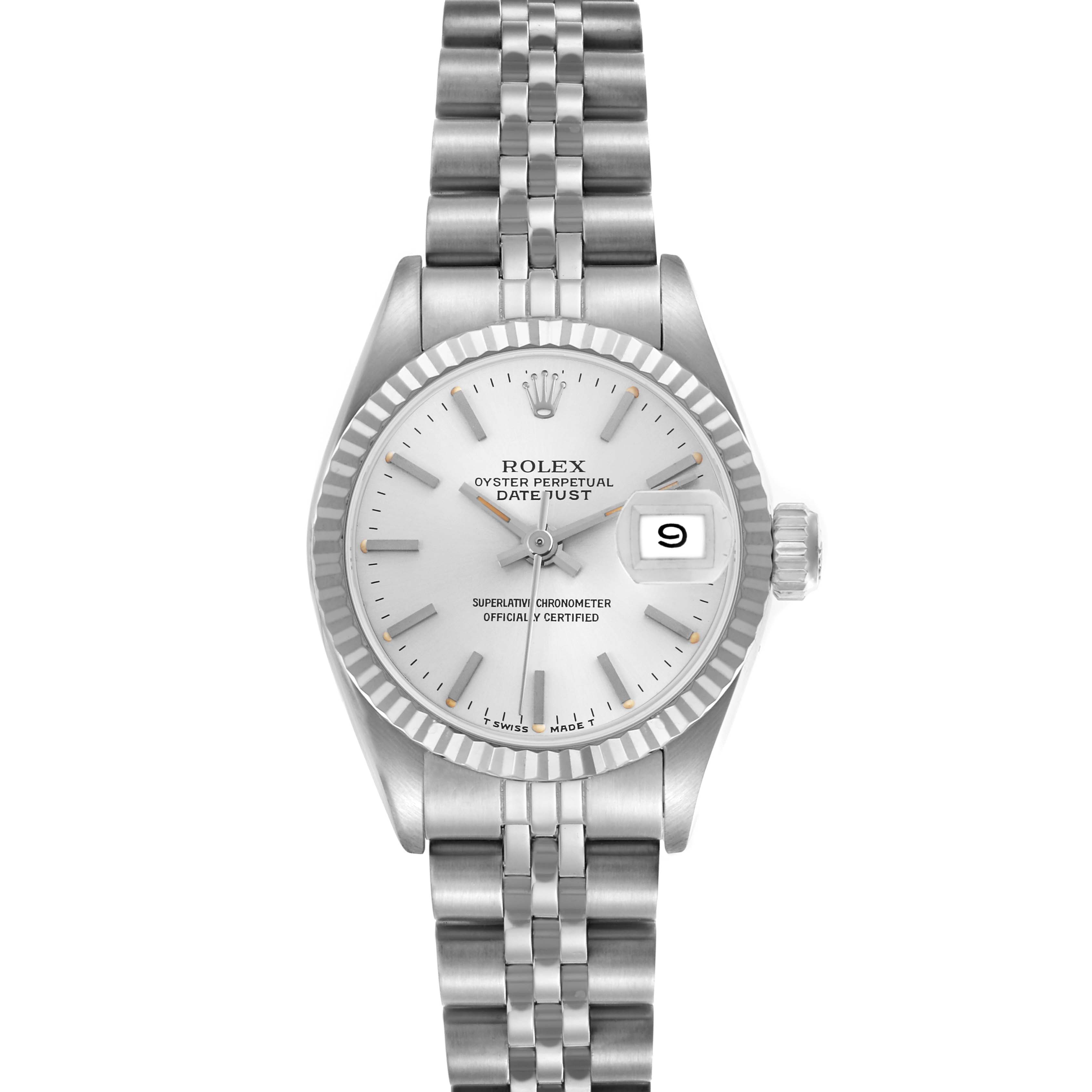 The Rolex Datejust 69174 Women
s Stainless Steel Silver Dial 69174 Women
s Stainless Steel Silver Dial watch is shown from a top-down angle, displaying the dial, bezel, crown, and bracelet clearly.