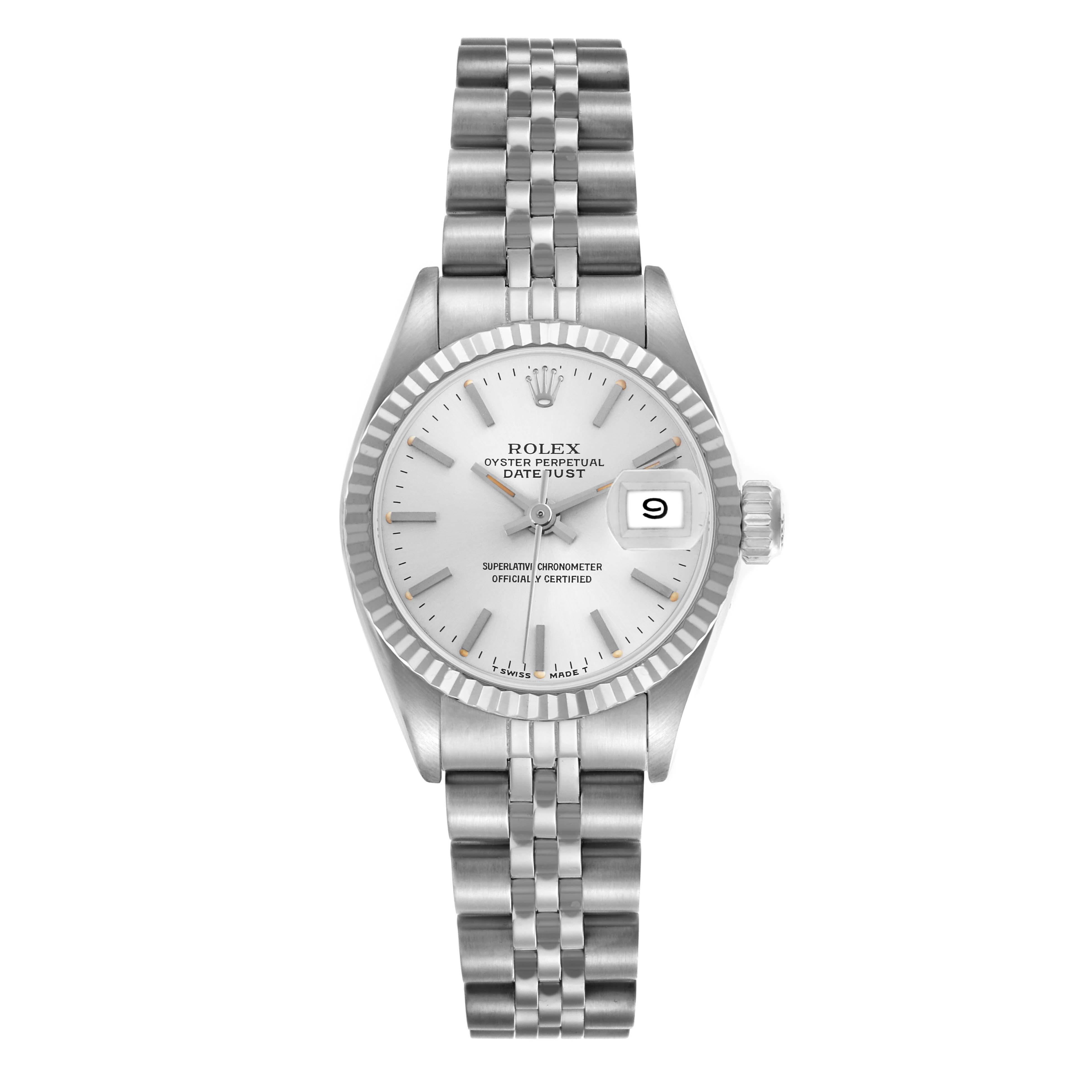 The Rolex Datejust 69174 Women
s Stainless Steel Silver Dial 69174 Women
s Stainless Steel Silver Dial watch is shown from a front angle, displaying the dial, bezel, crown, and bracelet.