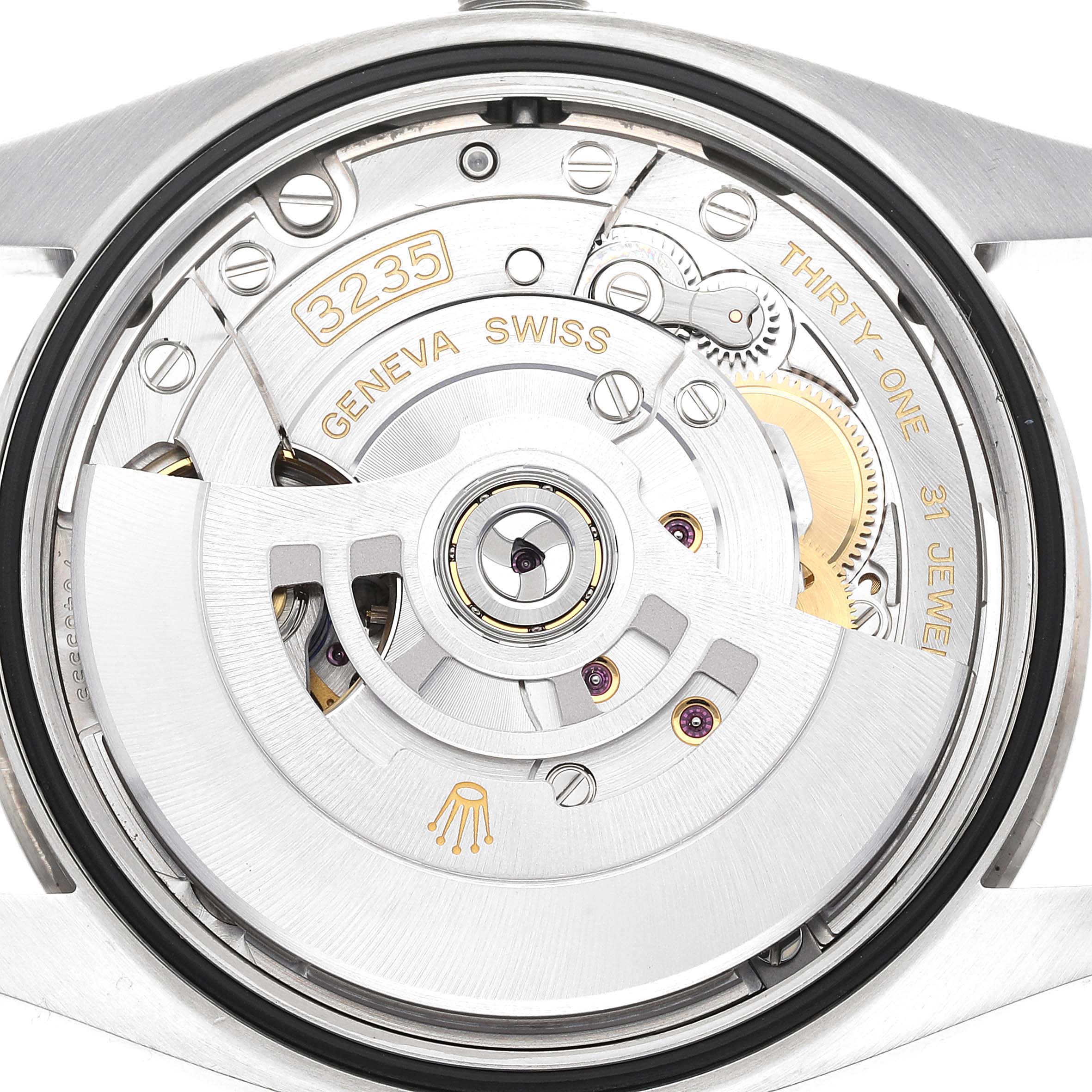 This image shows the movement mechanism of a Rolex Datejust 126234 Men's Stainless Steel Silver Dial 126234 Men's Stainless Steel Silver Dial watch from a back view, highlighting the 3235 caliber.