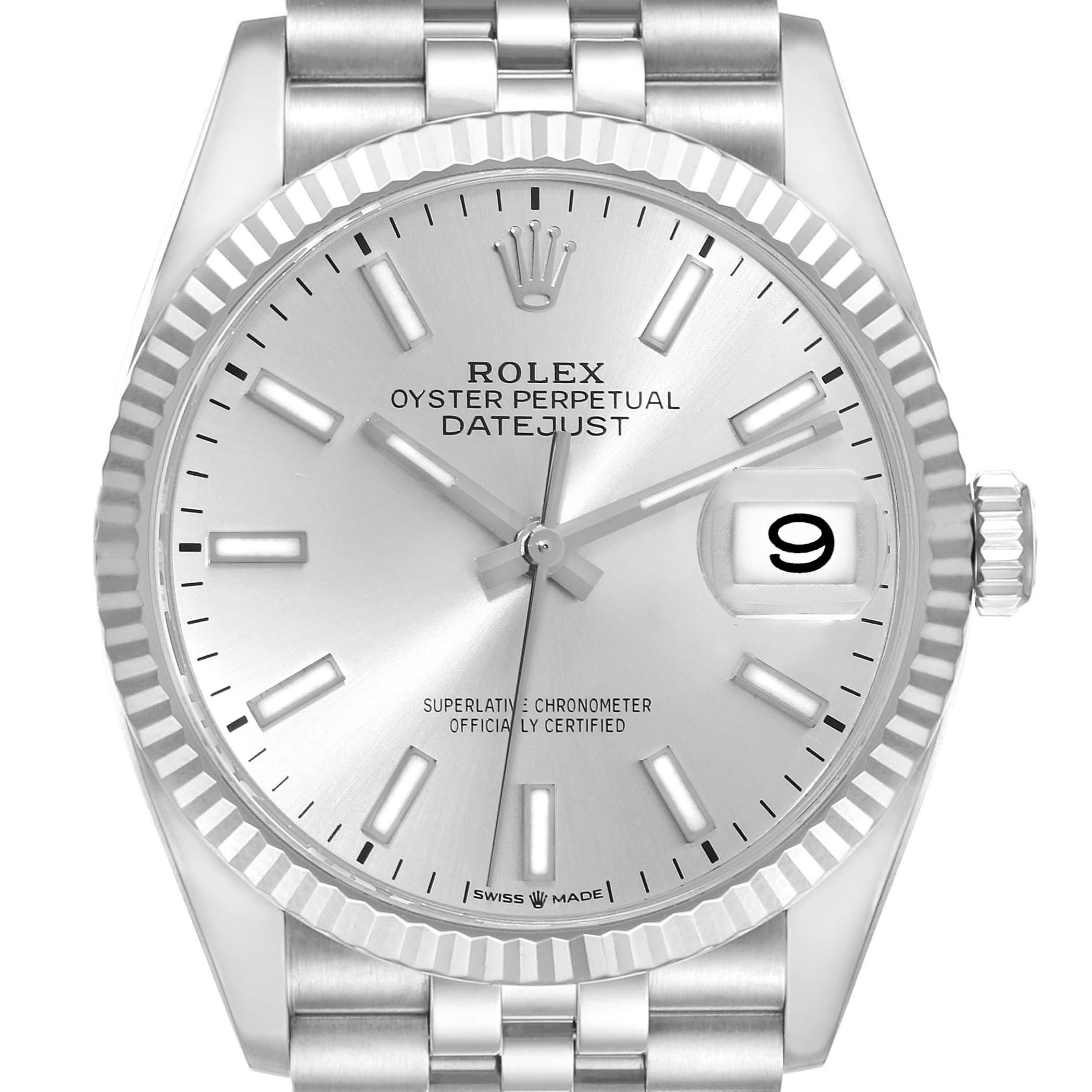 This image shows a close-up frontal view of a Rolex Datejust 126234 Men's Stainless Steel Silver Dial 126234 Men's Stainless Steel Silver Dial watch, highlighting its face, bezel, crown, and part of the bracelet.
