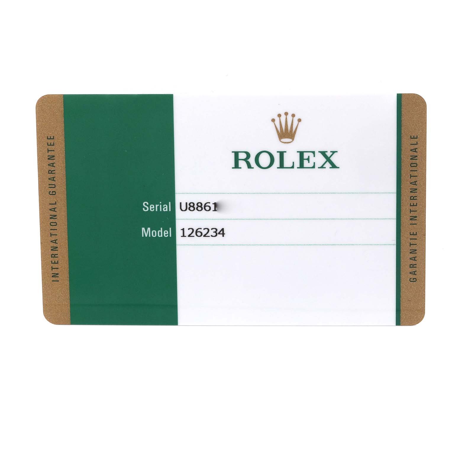 This image shows a Rolex International Guarantee card for a Rolex Datejust 126234 Men's Stainless Steel Silver Dial 126234 Men's Stainless Steel Silver Dial model, featuring the serial and model numbers.