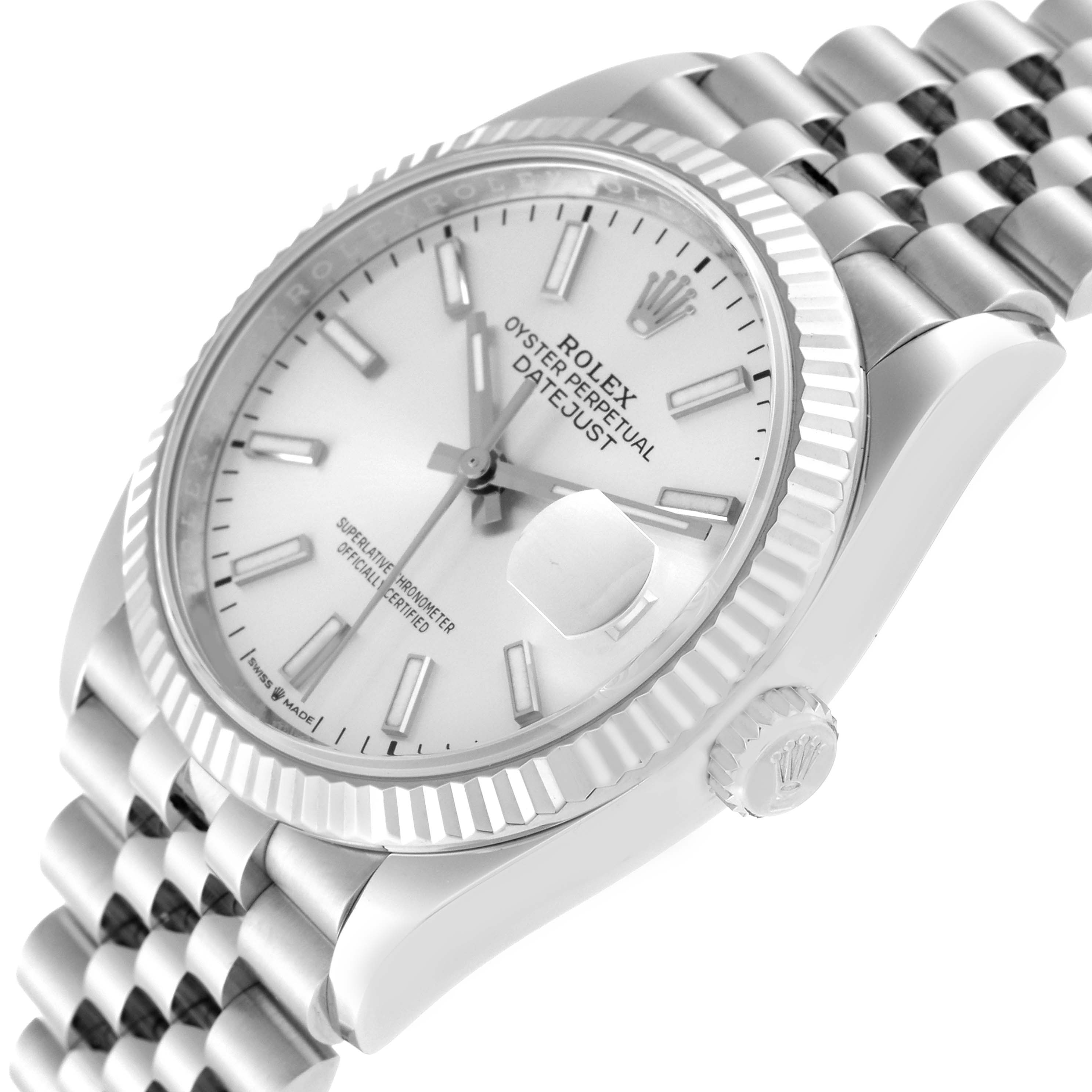 The image shows a close-up angle of the Rolex Datejust 126234 Men's Stainless Steel Silver Dial 126234 Men's Stainless Steel Silver Dial watch, highlighting its dial, fluted bezel, and Jubilee bracelet.