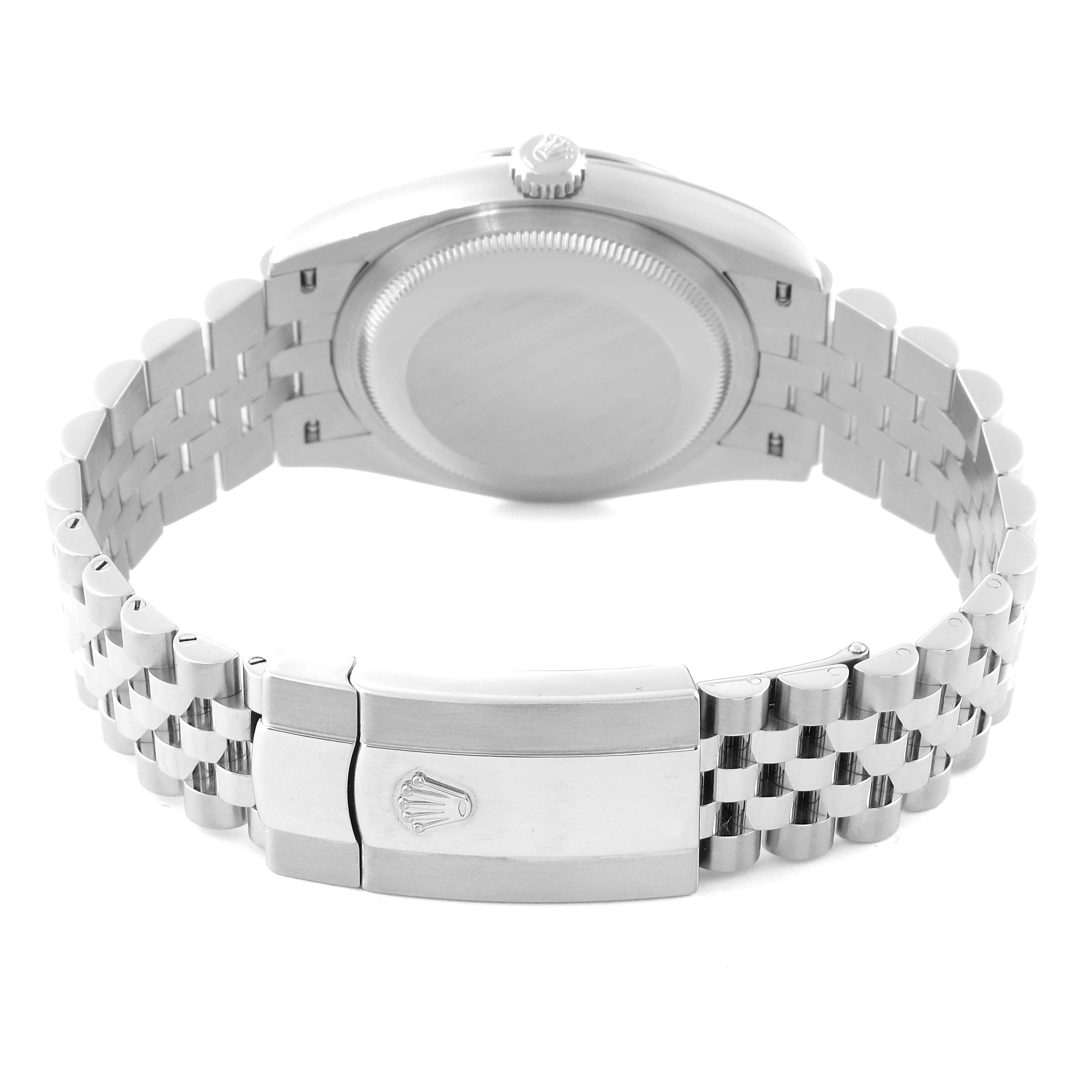 The image shows the back of a Rolex Datejust 126234 Men's Stainless Steel Silver Dial 126234 Men's Stainless Steel Silver Dial watch, highlighting the closed clasp and stainless steel bracelet.