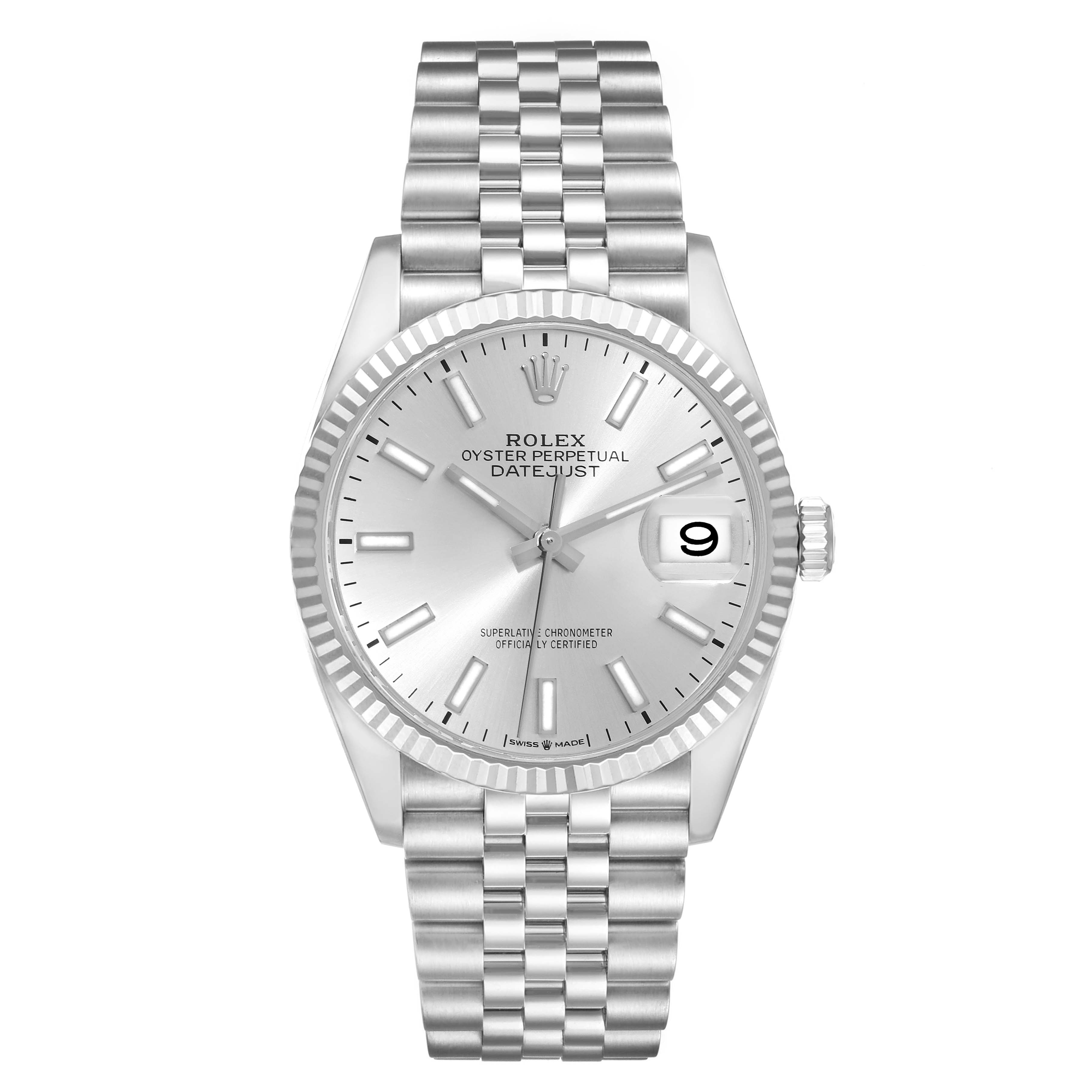 This image shows a front view of a Rolex Datejust 126234 Men's Stainless Steel Silver Dial 126234 Men's Stainless Steel Silver Dial watch, highlighting the dial, bezel, and bracelet.