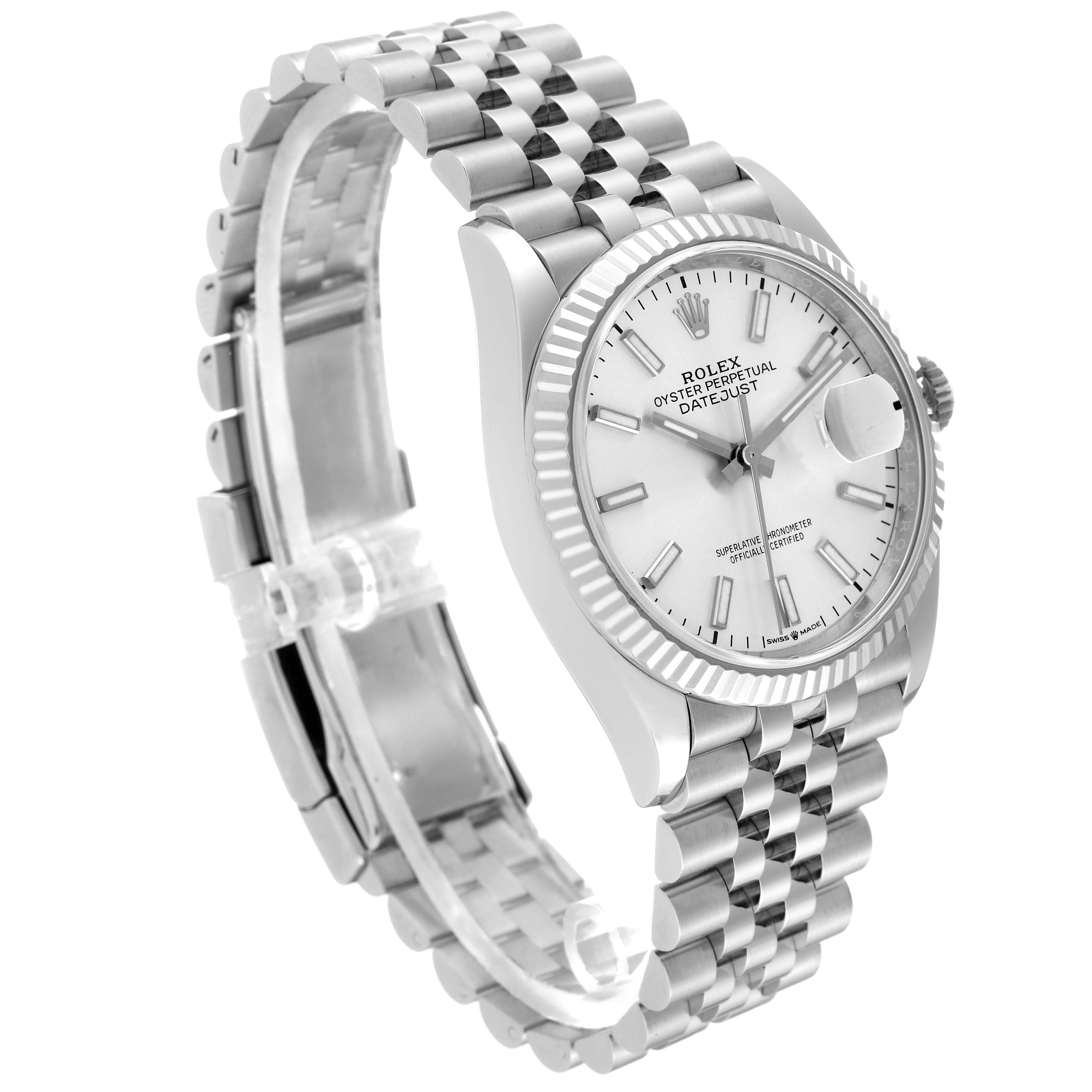 The Rolex Datejust 126234 Men's Stainless Steel Silver Dial 126234 Men's Stainless Steel Silver Dial model watch is shown at a slight angle, displaying the face, crown, and bracelet.