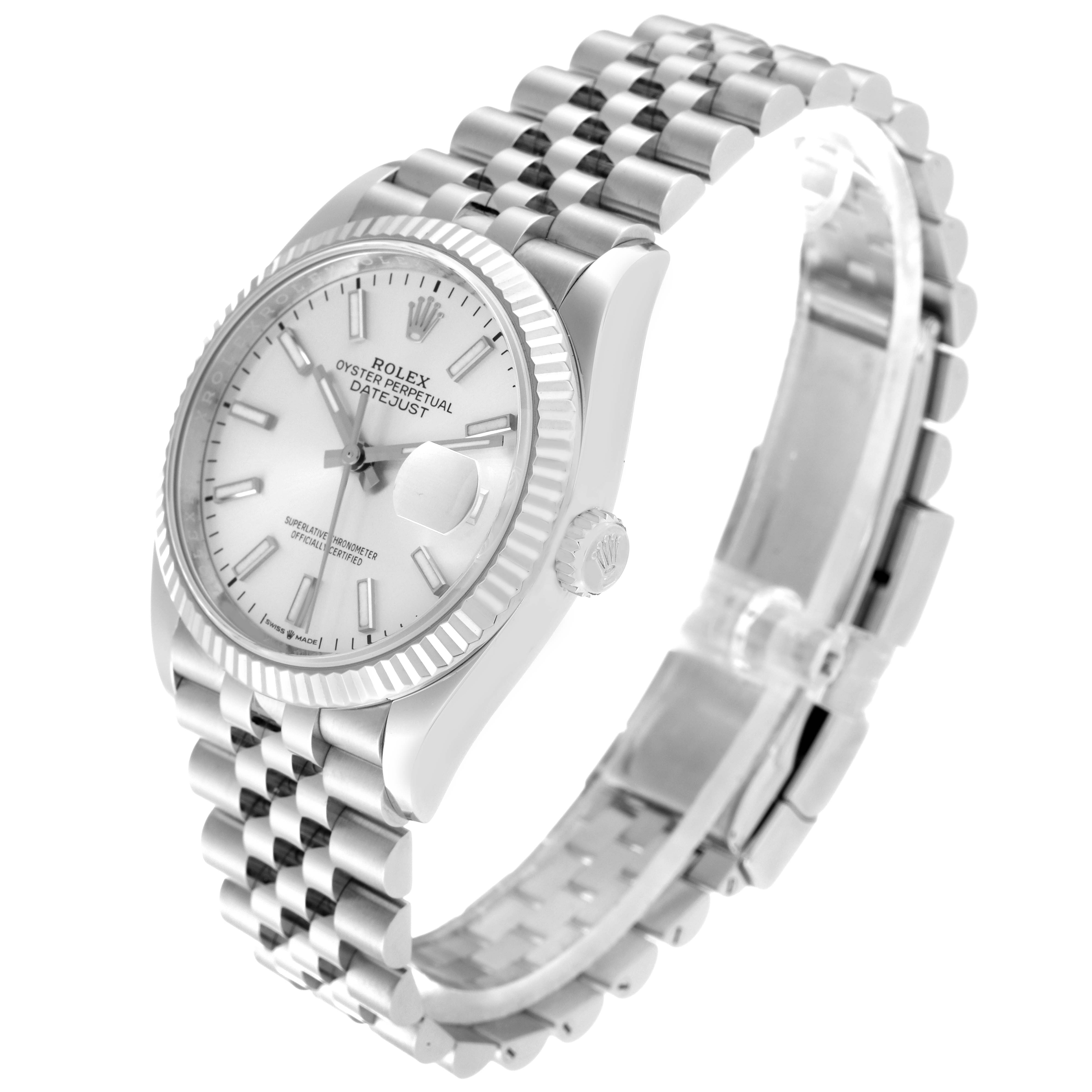 This image shows a Rolex Datejust 126234 Men's Stainless Steel Silver Dial 126234 Men's Stainless Steel Silver Dial watch at a three-quarter angle, highlighting its face, bezel, crown, and jubilee bracelet.