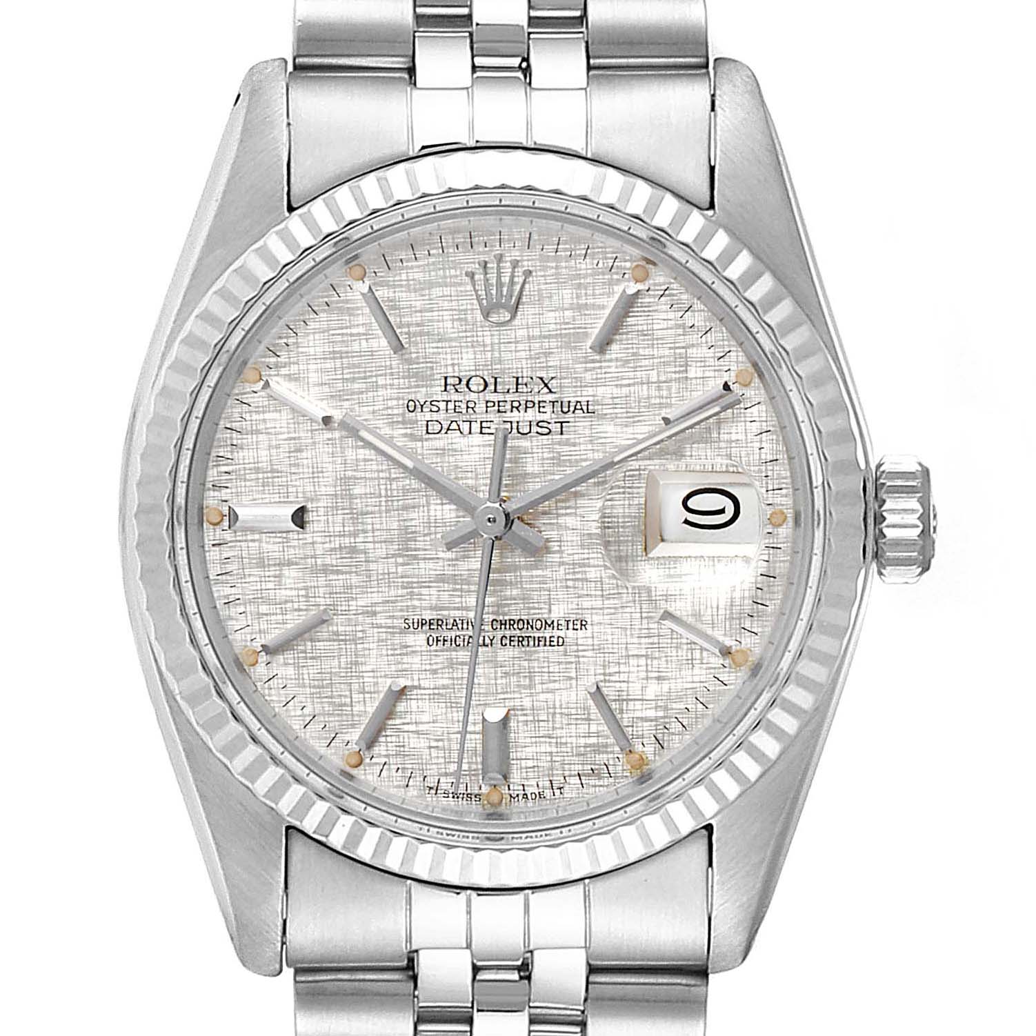 This image shows a front view of a Rolex Vintage Collection 16014 Men's Stainless Steel Silver Dial 16014 Men's Stainless Steel Silver Dial Oyster Perpetual Datejust watch, highlighting the dial, hands, crown, and bracelet.