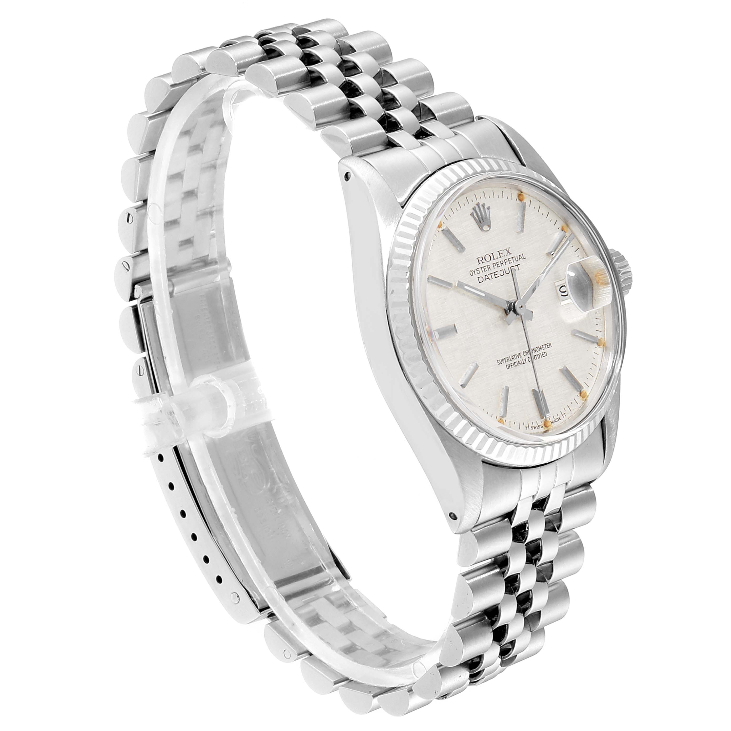 The Rolex Vintage Collection 16014 Men's Stainless Steel Silver Dial 16014 Men's Stainless Steel Silver Dial watch is shown from a 3/4 side angle, displaying the face, bezel, and bracelet.