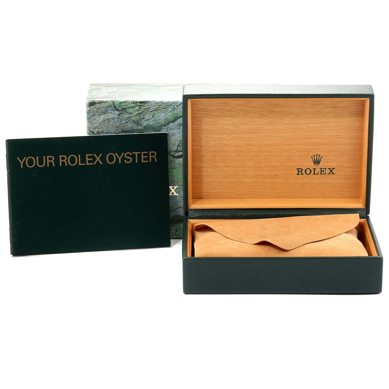 The image shows the box and booklet for the Vintage Collection model by Rolex, including the green Rolex Oyster booklet and a watch box with a suede pouch.