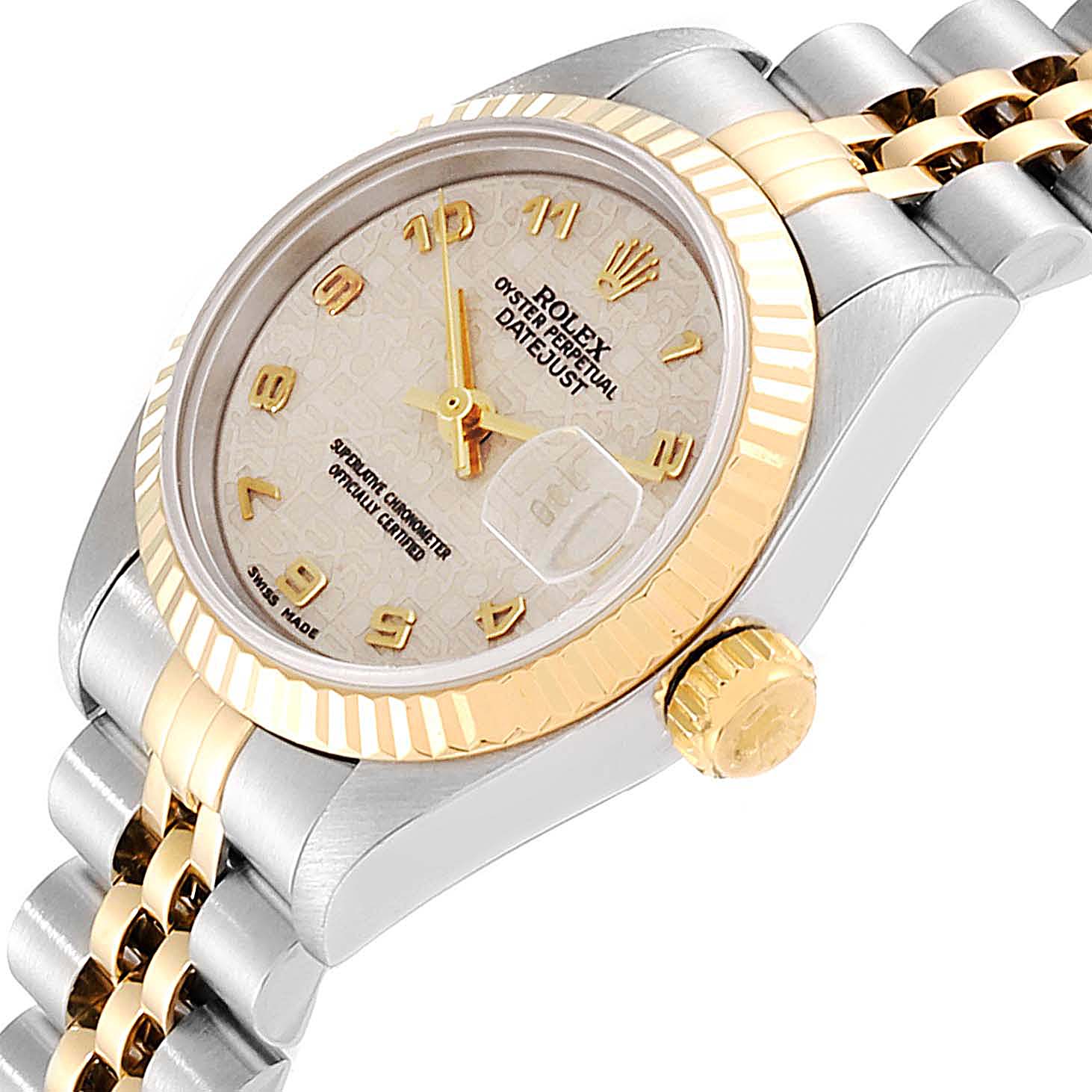 The image shows an angled view of the Rolex Datejust 69173 Women
s Steel and Gold (two tone) Beige Dial 69173 Women
s Steel and Gold (two tone) Beige Dial watch, highlighting the case, bezel, dial, crown, and bracelet.