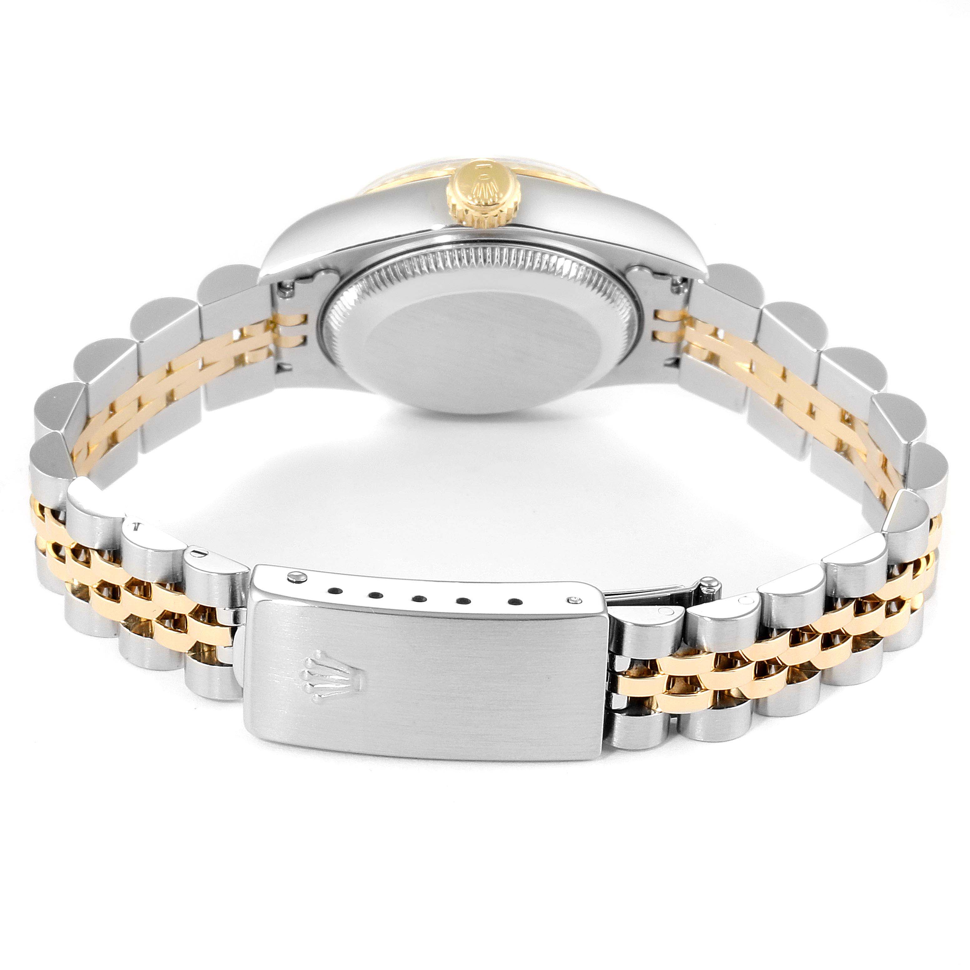 The image shows the back view of a Rolex Datejust 69173 Women
s Steel and Gold (two tone) Beige Dial 69173 Women
s Steel and Gold (two tone) Beige Dial watch, highlighting the case back, crown, and jubilee bracelet clasp.