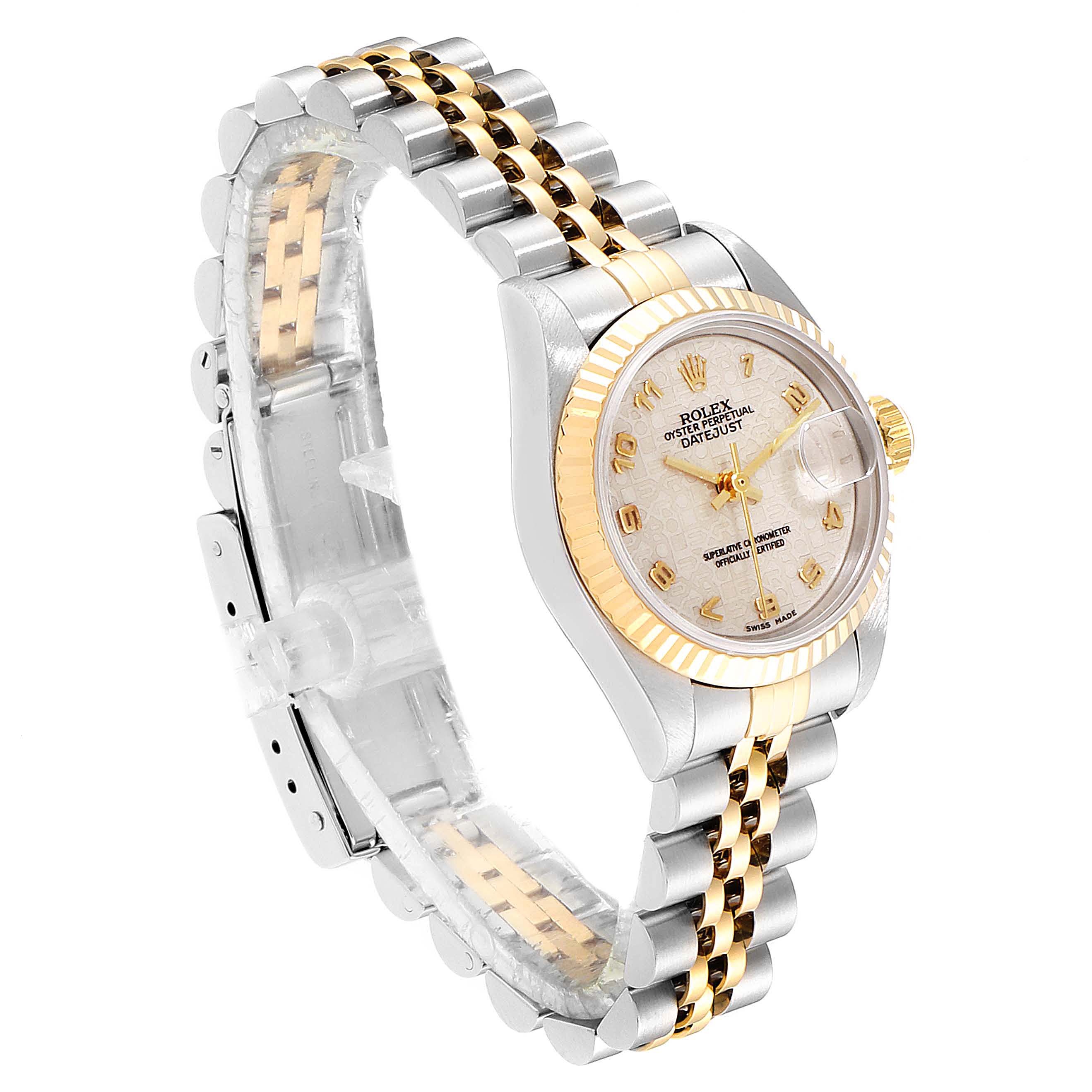 The image shows a Rolex Datejust 69173 Women
s Steel and Gold (two tone) Beige Dial 69173 Women
s Steel and Gold (two tone) Beige Dial watch angled slightly to the left, displaying the dial, crown, and two-tone bracelet.