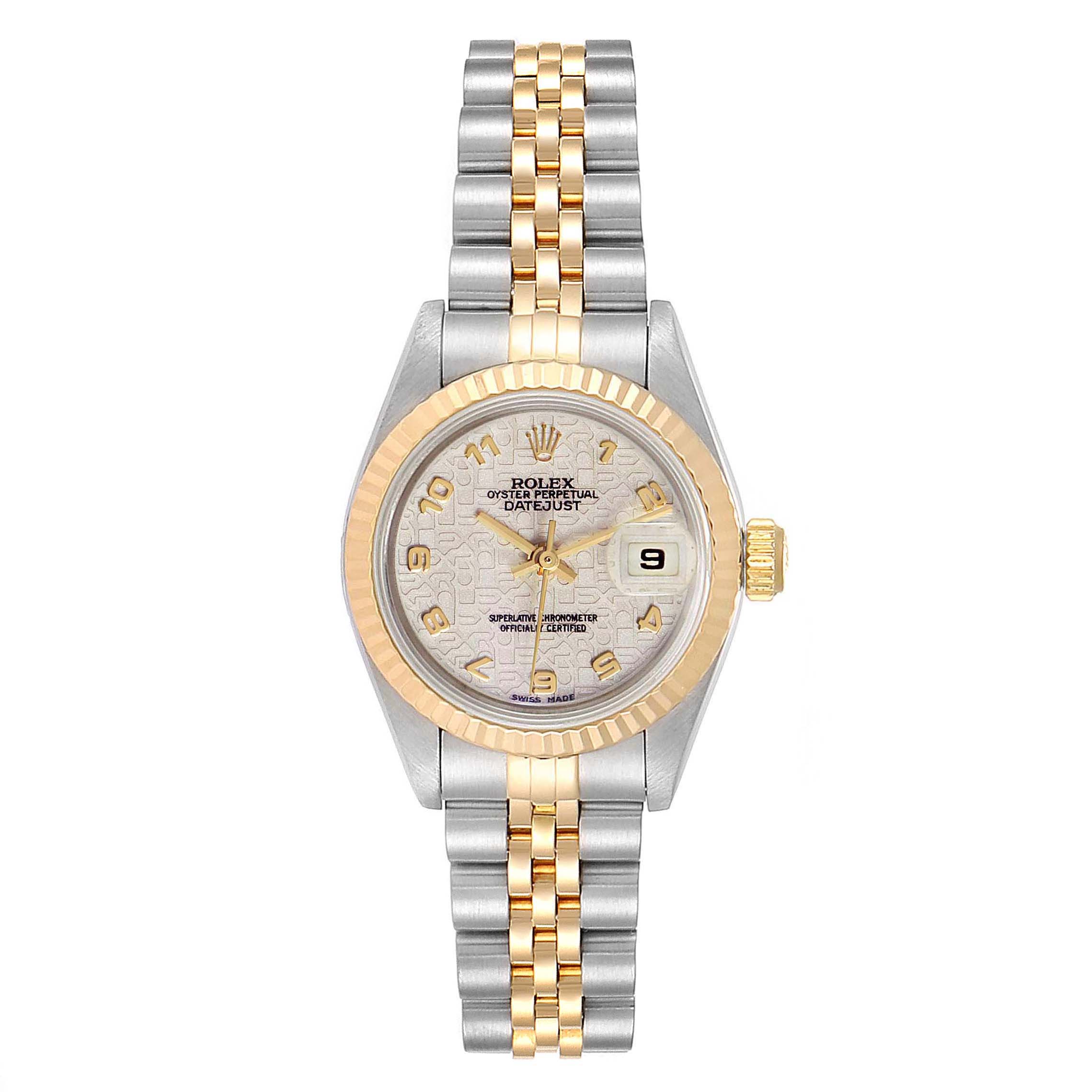 This image shows a front view of the Rolex Datejust 69173 Women
s Steel and Gold (two tone) Beige Dial 69173 Women
s Steel and Gold (two tone) Beige Dial watch featuring its dial, bezel, case, and bracelet.