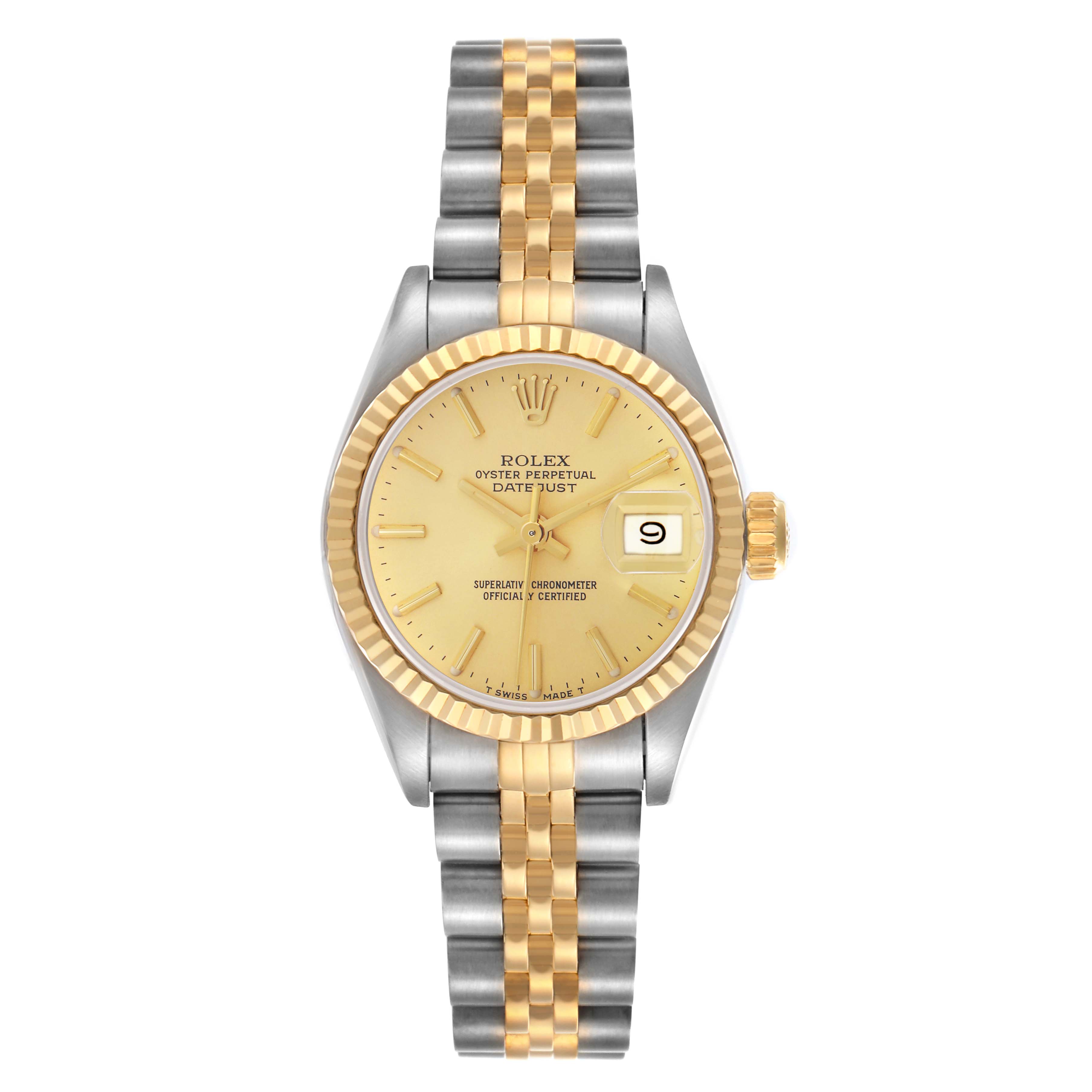 The Rolex Datejust 69173 Women
s Steel and Gold (two tone) Champagne Dial 69173 Women
s Steel and Gold (two tone) Champagne Dial watch is shown in a top-down view, displaying its dial, fluted bezel, and two-tone bracelet.