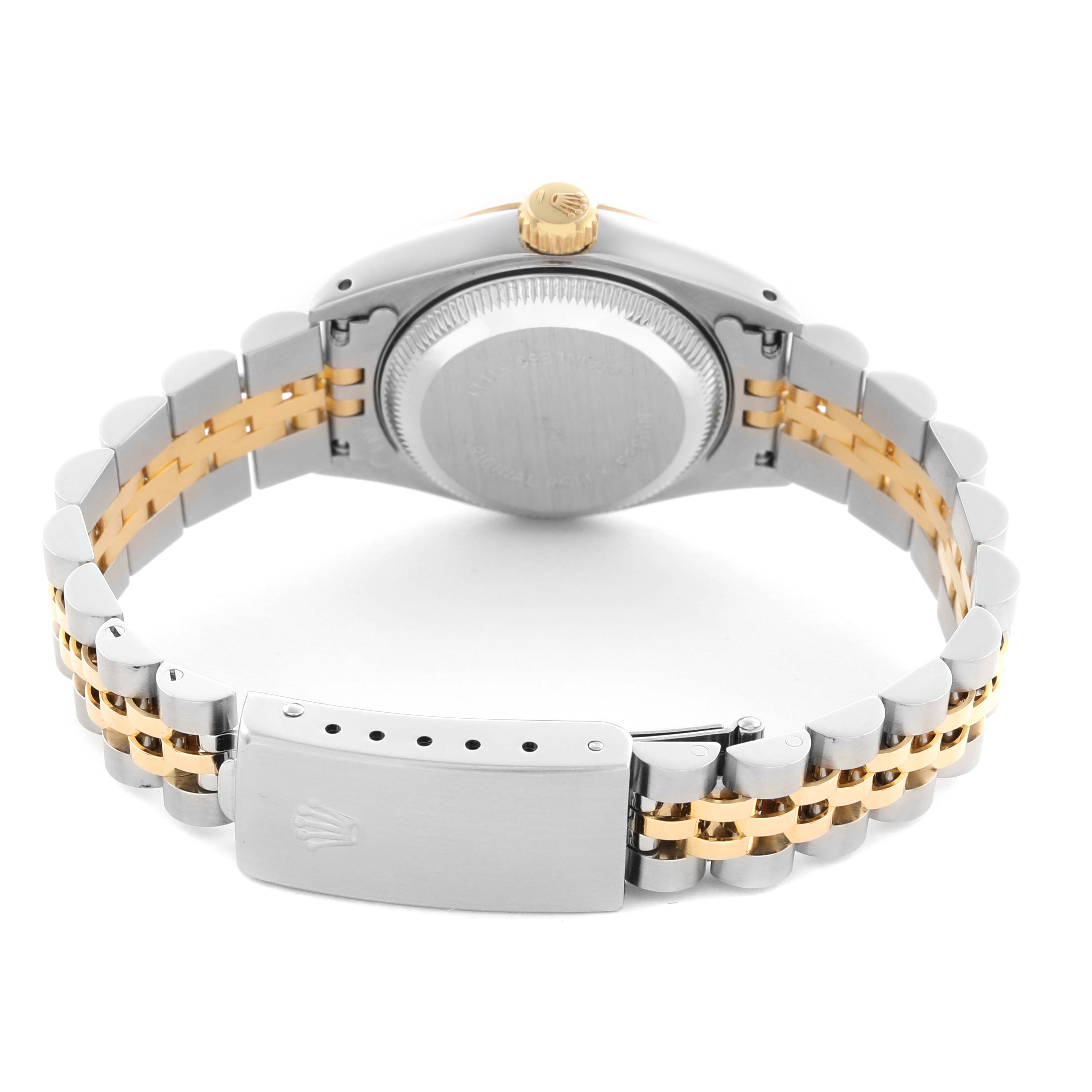 The image shows the backside of a Rolex Datejust 69173 Women
s Steel and Gold (two tone) Champagne Dial 69173 Women
s Steel and Gold (two tone) Champagne Dial watch, highlighting the clasp, bracelet, and case back from a rear angle.