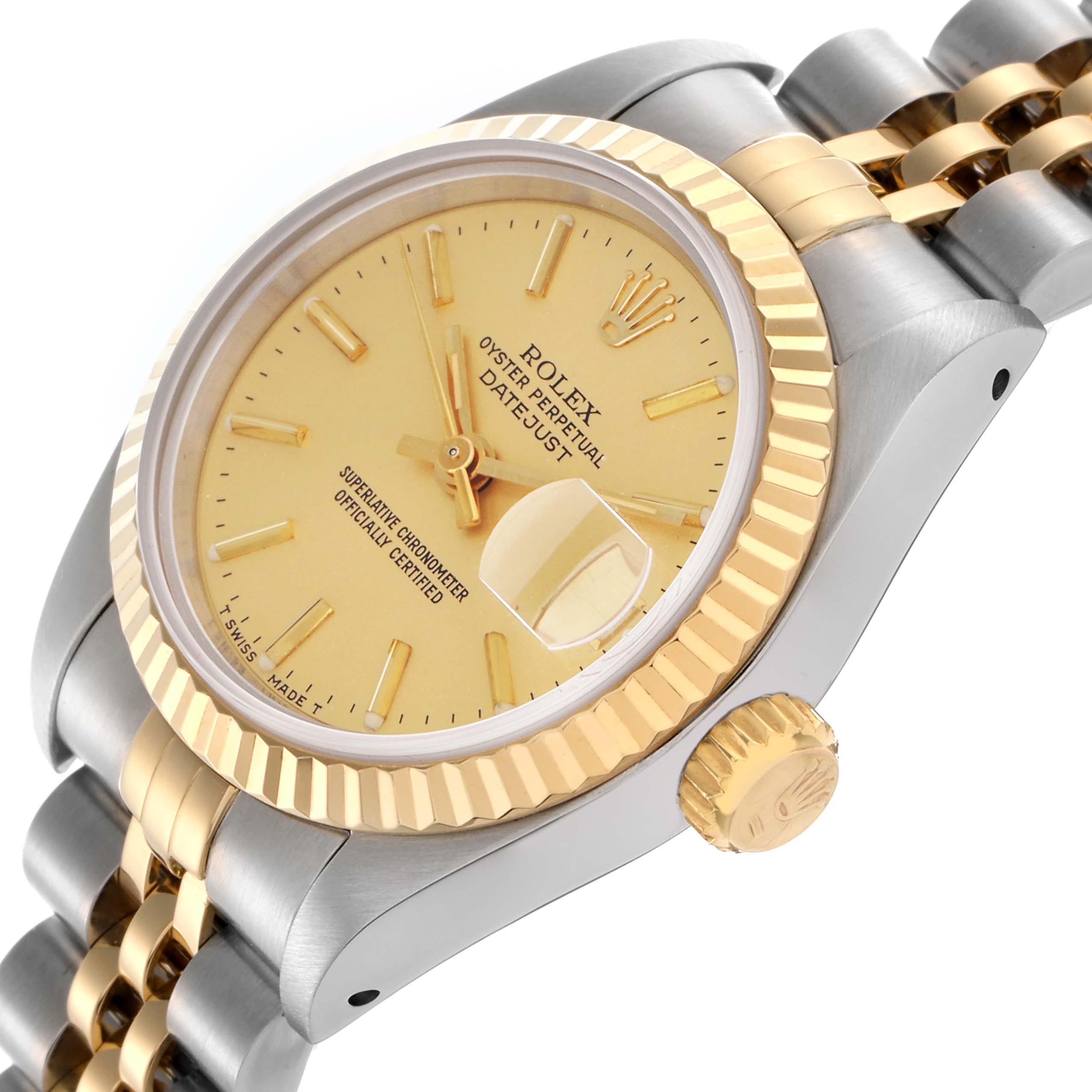 The Rolex Datejust 69173 Women
s Steel and Gold (two tone) Champagne Dial 69173 Women
s Steel and Gold (two tone) Champagne Dial watch is shown at a three-quarter angle, highlighting the dial, bezel, crown, and bracelet.