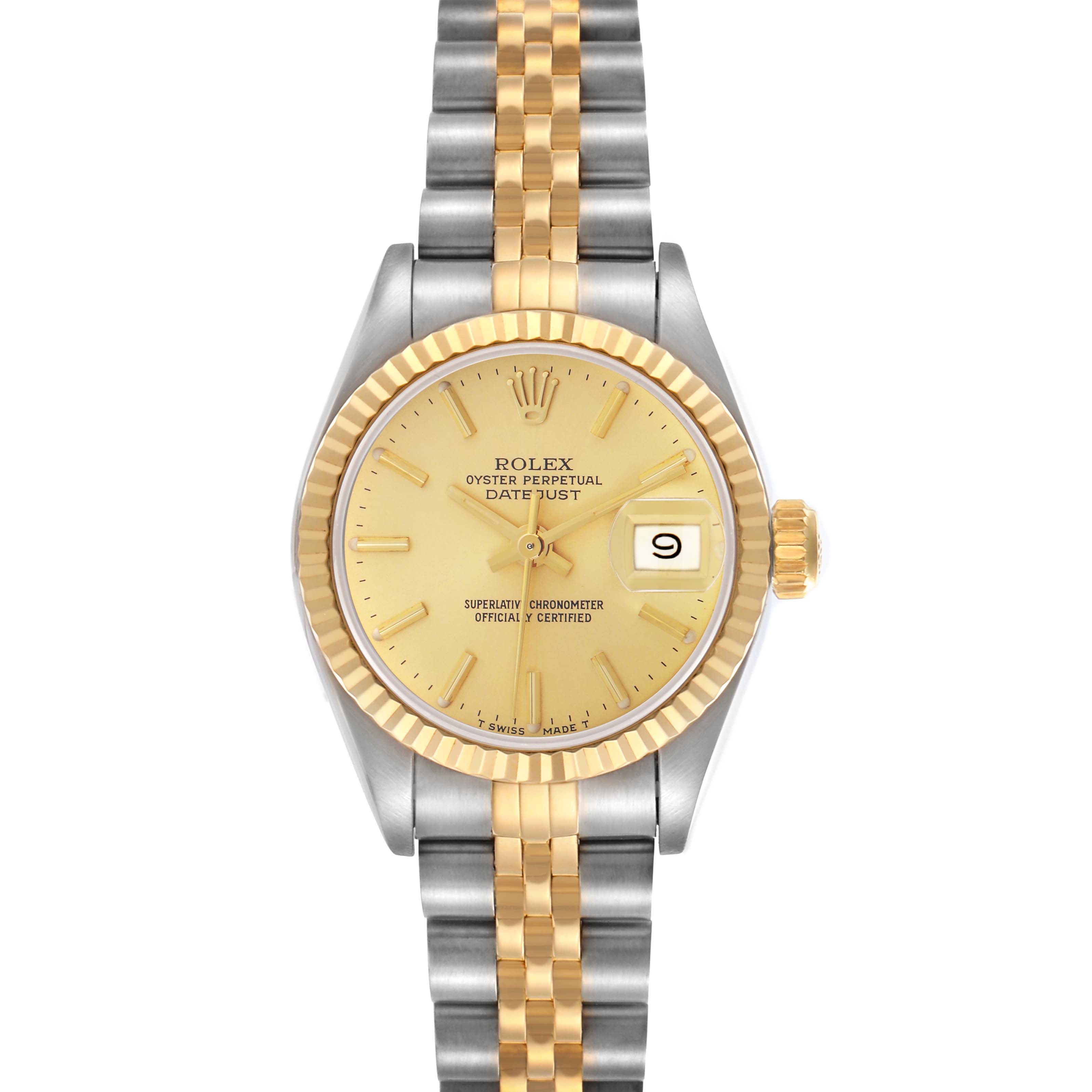 The Rolex Datejust 69173 Women
s Steel and Gold (two tone) Champagne Dial 69173 Women
s Steel and Gold (two tone) Champagne Dial watch is shown from a top-down angle, highlighting the dial, bezel, crown, and two-tone bracelet.