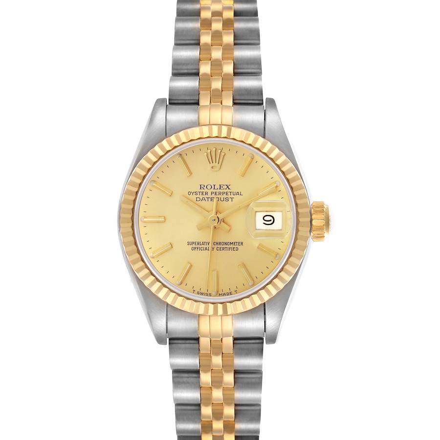 The Rolex Datejust watch is shown from a top-down angle, highlighting the dial, bezel, crown, and two-tone bracelet.